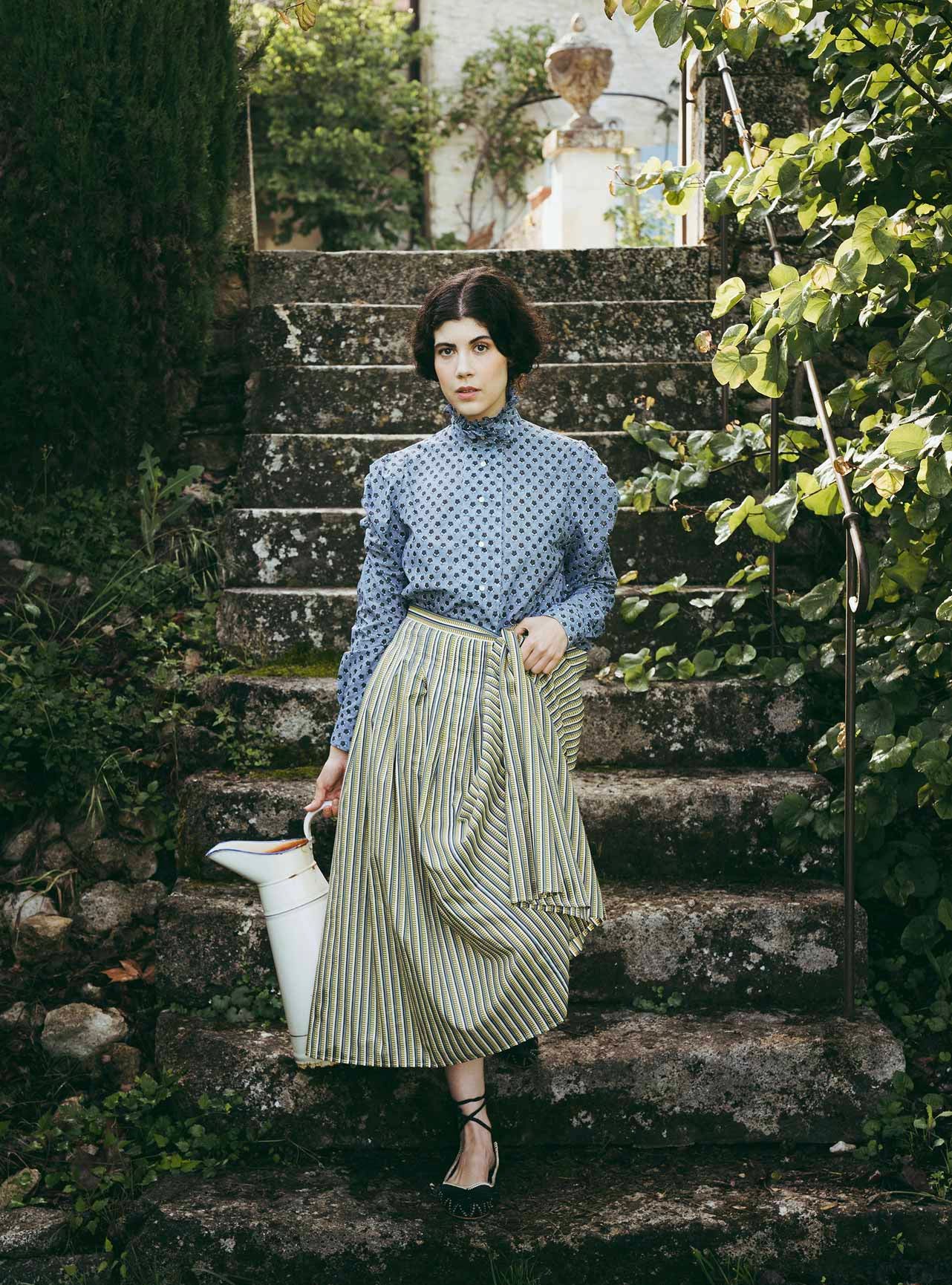 Louise wearing a Zouza yellow striped cotton skirt by Thierry Colson - photographed by  Jamie Beck