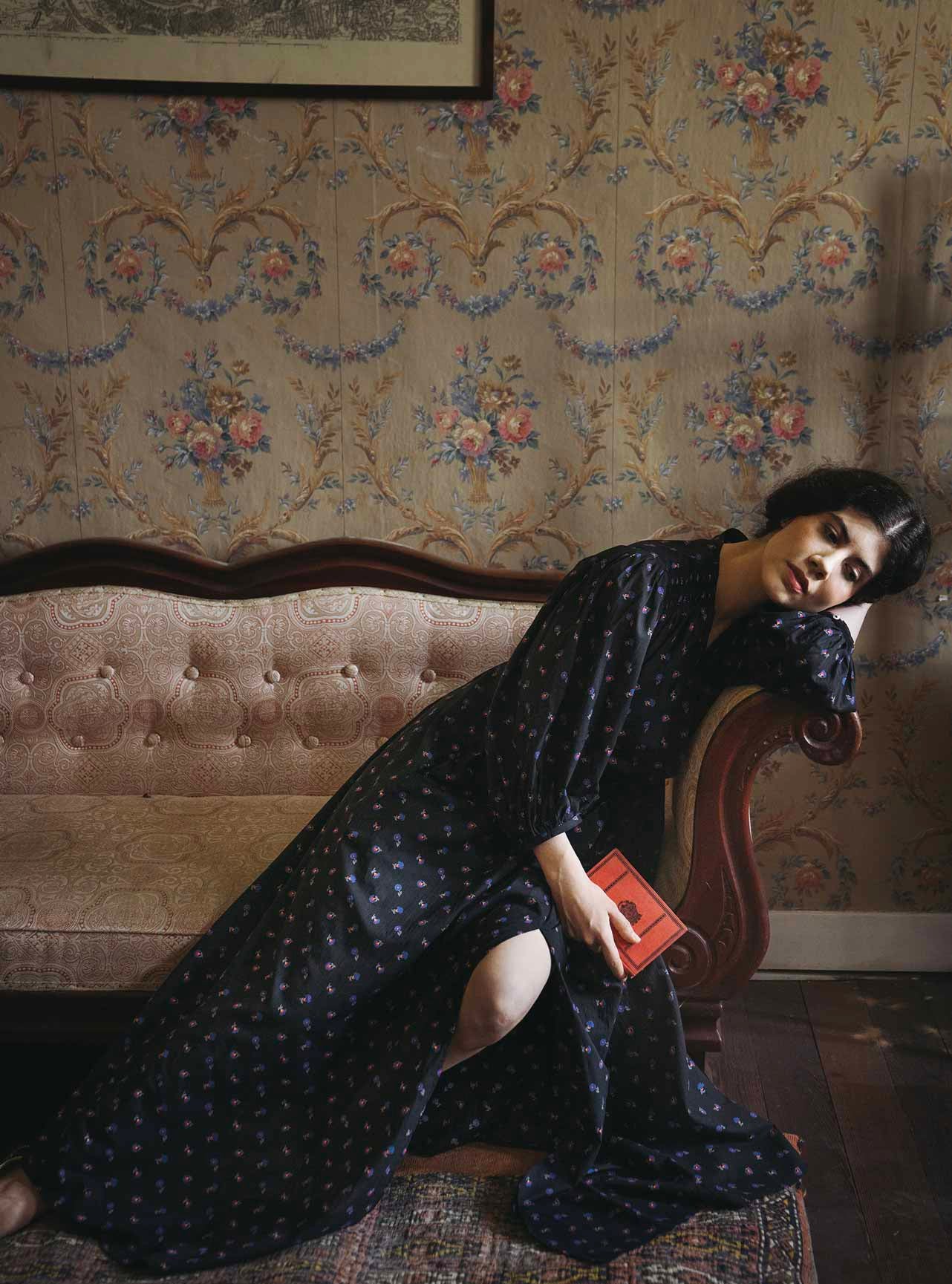 Louise wearing a Phoebe black dress from pre spring 2024 by Thierry Colson, photographed by Jamie Beck