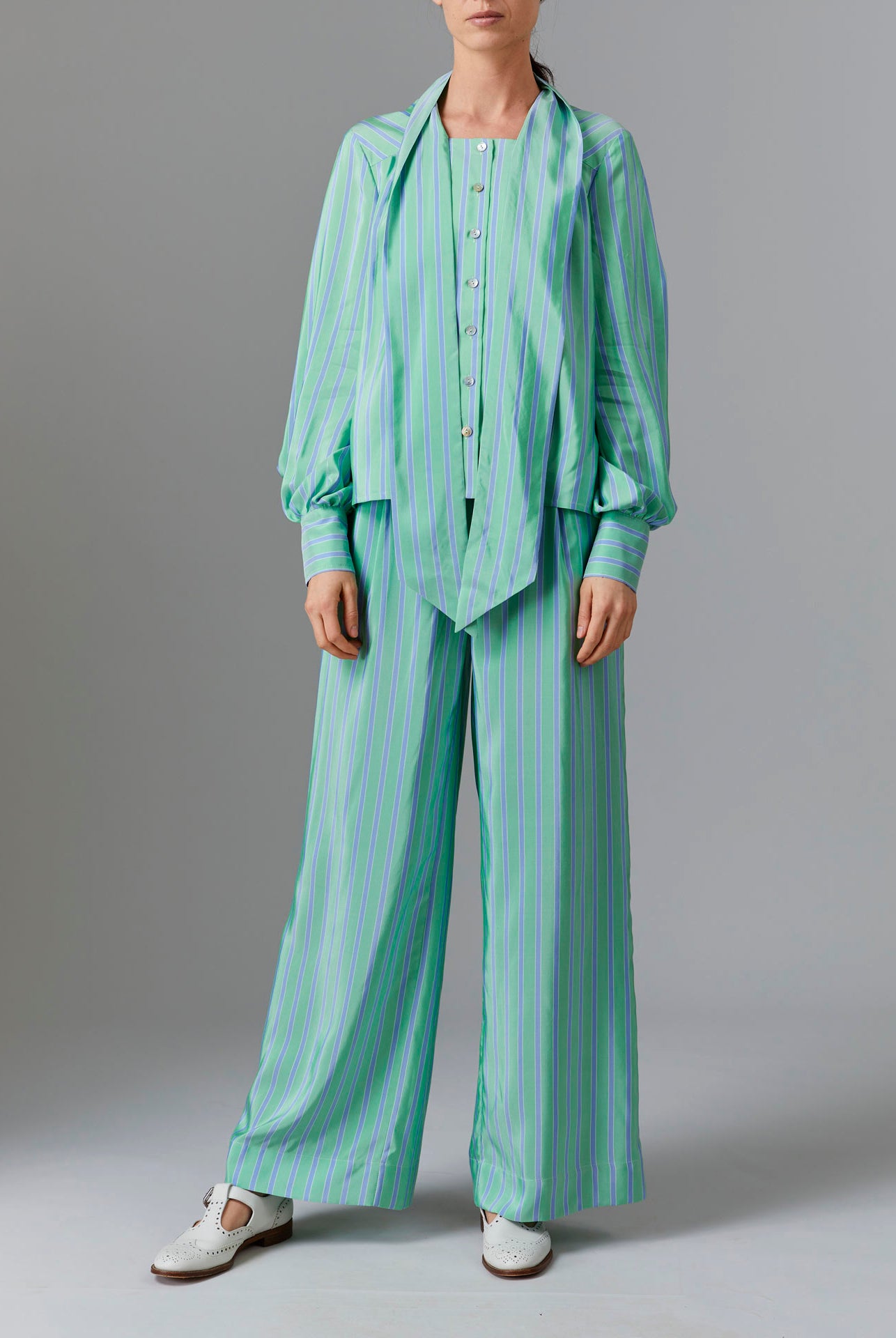 Large view of Alba Blouse with untied collar - Silk Road Stripes - Green / Blue by Thierry Colson