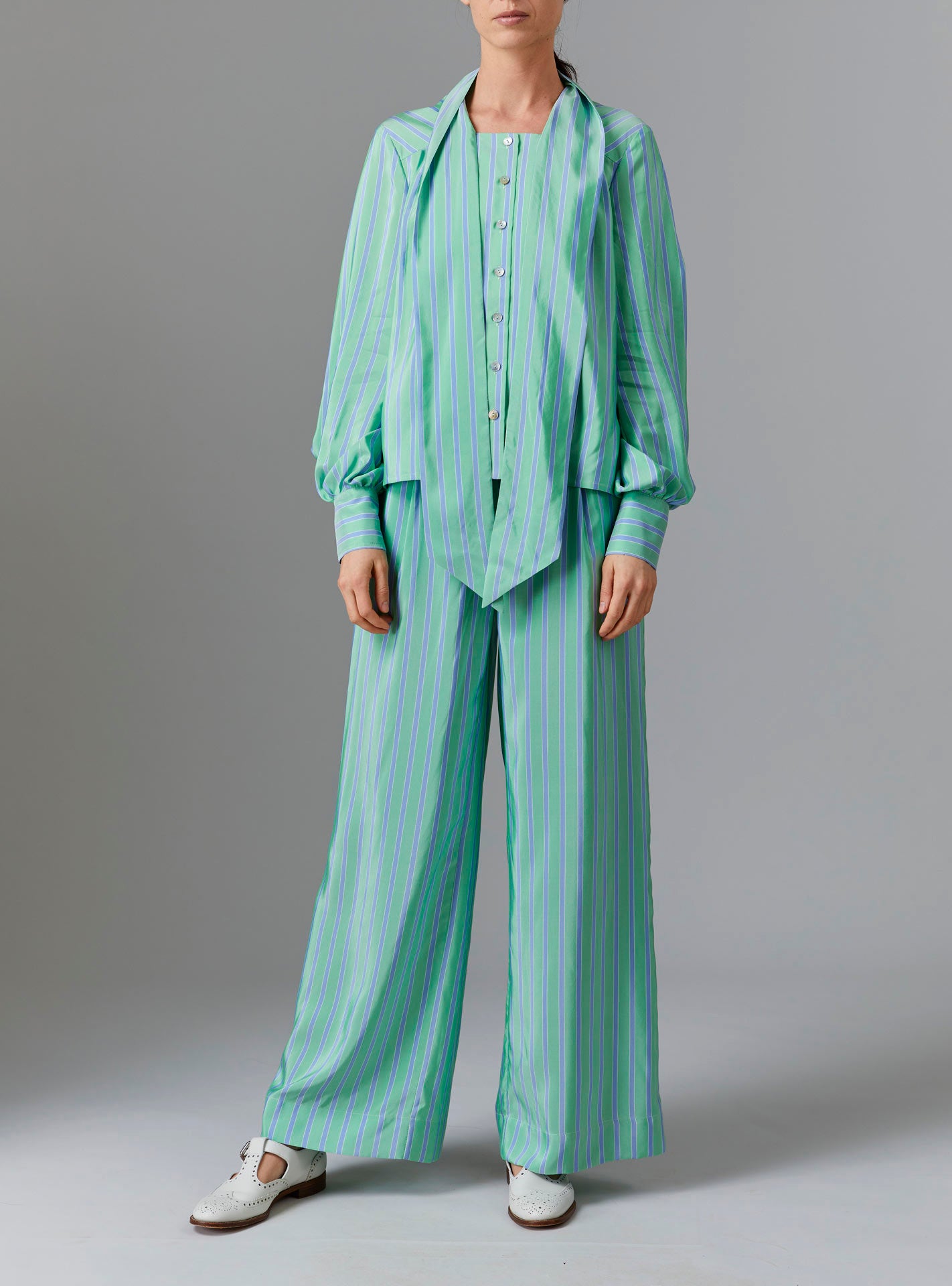 Large view of Alba Blouse with untied collar - Silk Road Stripes - Green / Blue by Thierry Colson