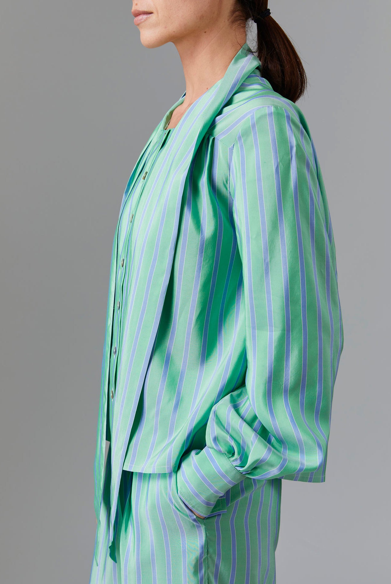 Side view of Alba Blouse - Silk Road Stripes - Green / Blue by Thierry Colson