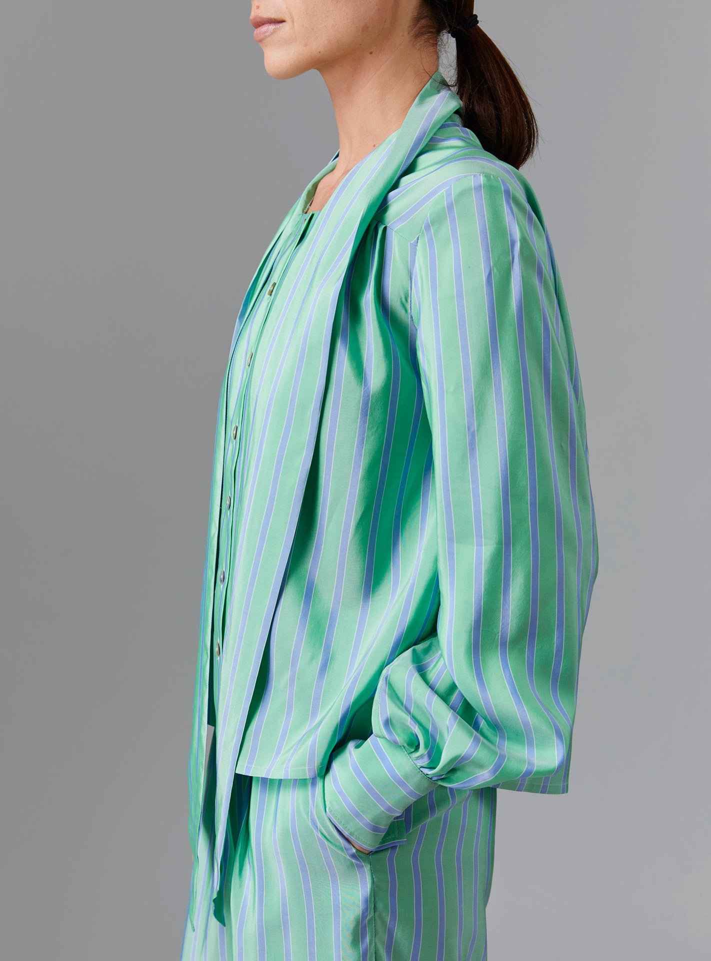 Side view of Alba Blouse - Silk Road Stripes - Green / Blue by Thierry Colson