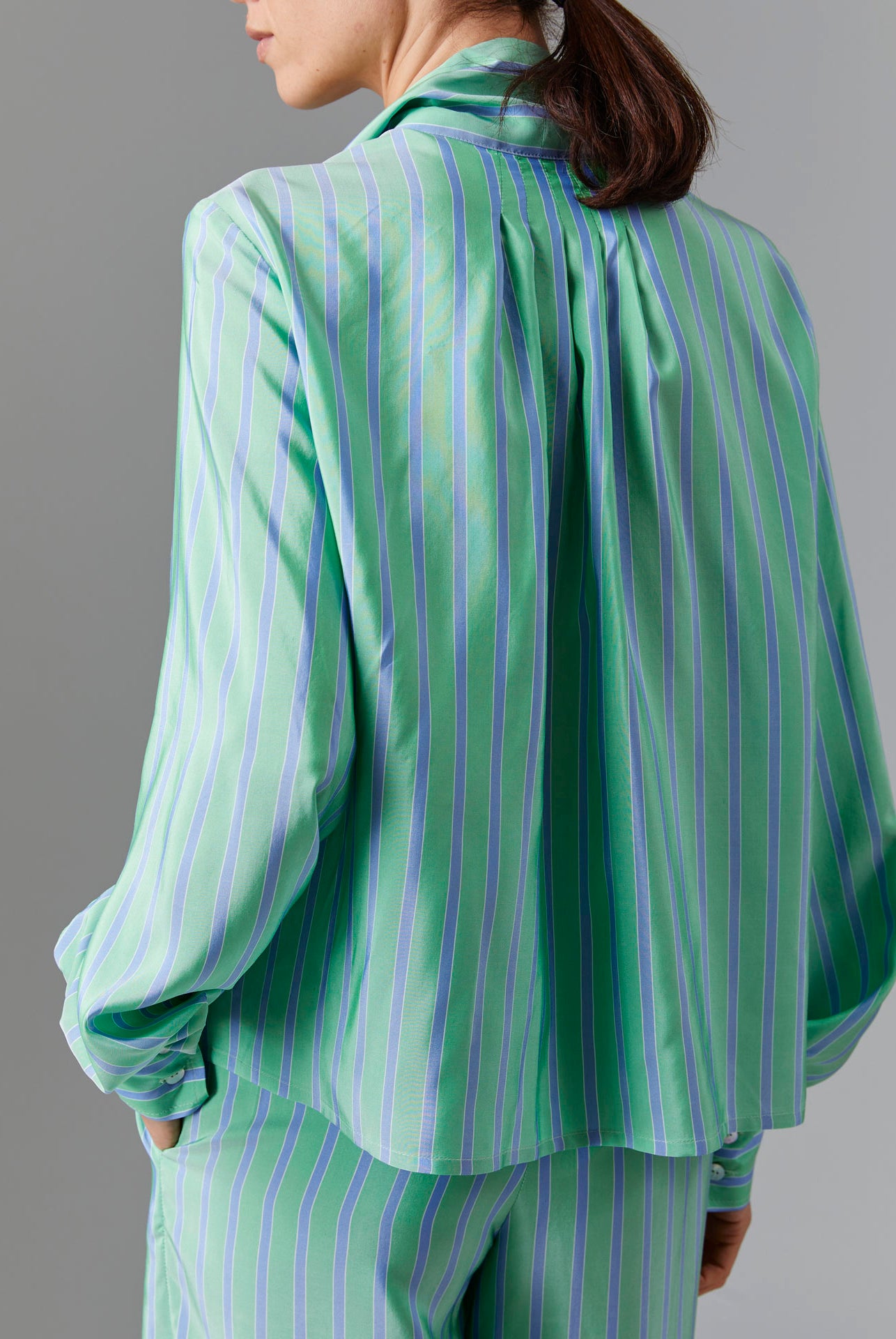 Back view of Alba Blouse - Silk Road Stripes - Green / Blue by Thierry Colson