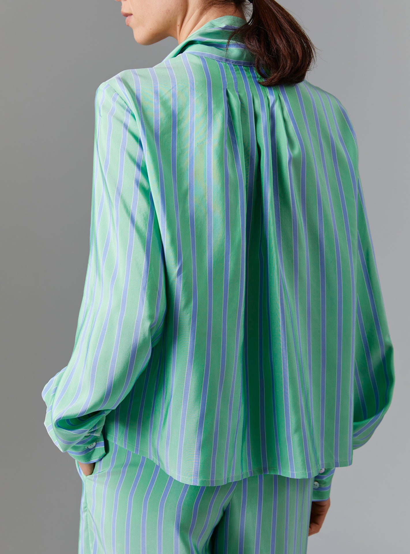 Back view of Alba Blouse - Silk Road Stripes - Green / Blue by Thierry Colson