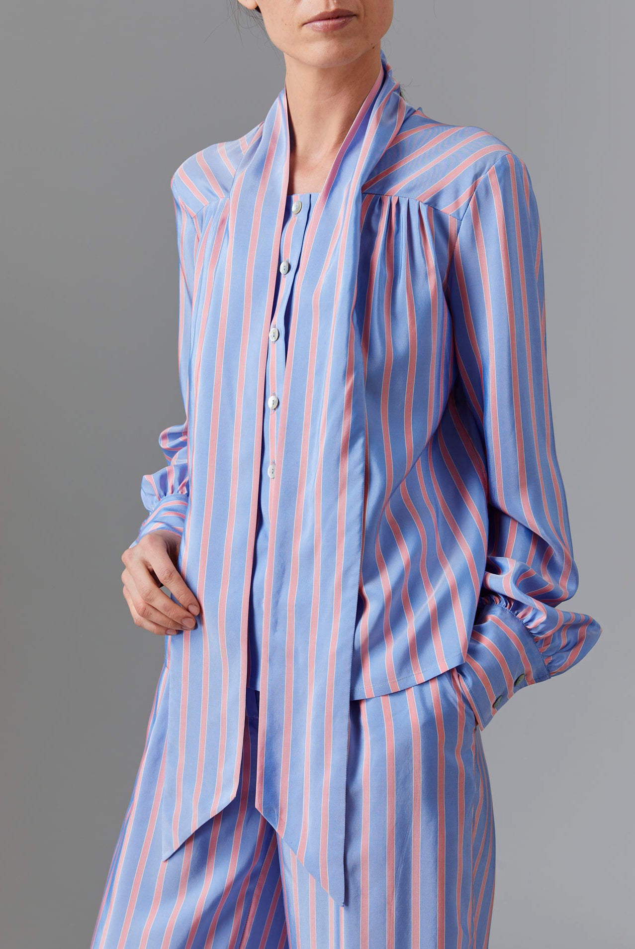 Front view of Alba Blouse with untied collar - Heaven Blue/Pink Silk Road Stripes by Thierry Colson