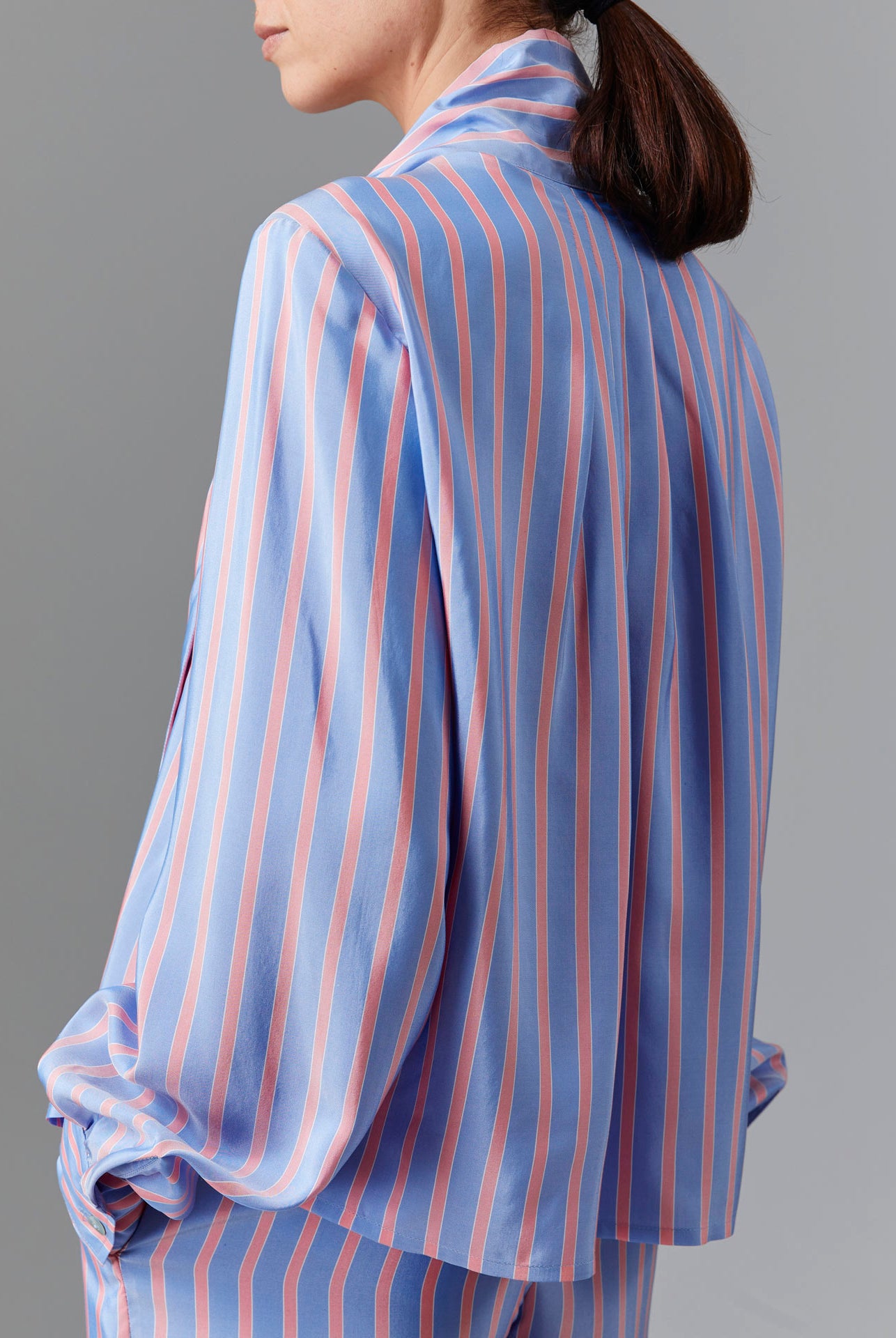 Back view of Alba Blouse - Heaven Blue/Pink Silk Road Stripes by Thierry Colson
