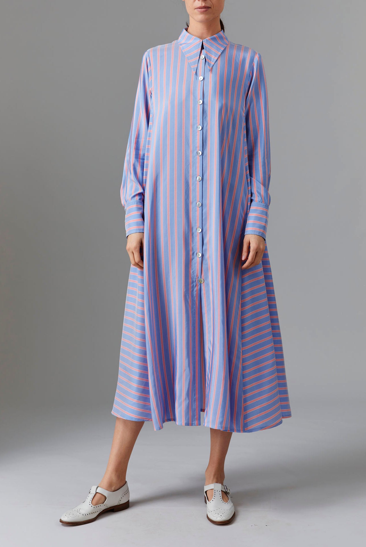 Front view of Alceste Dress - Heaven Blue/Pink Silk Road Stripes by Thierry Colson