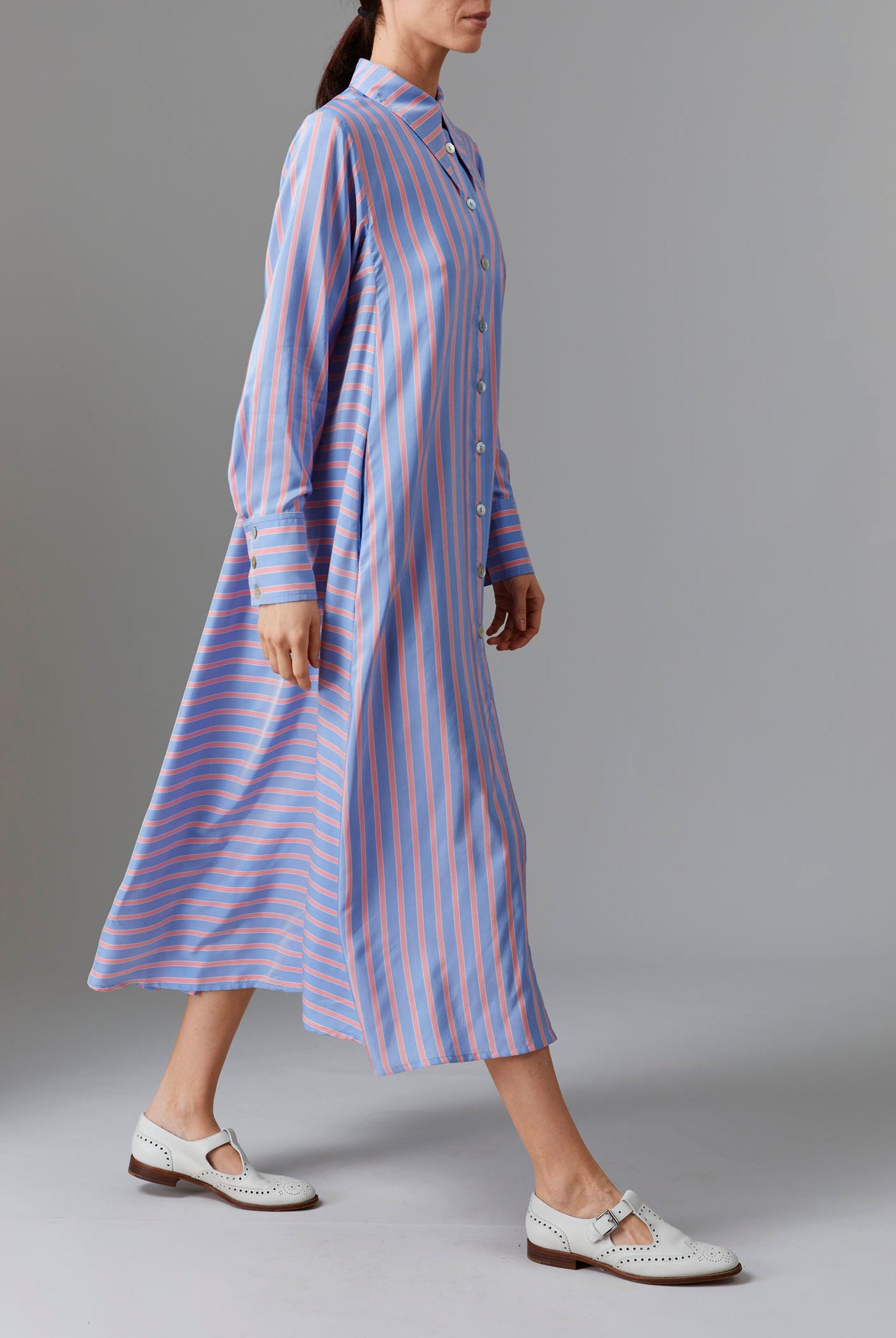 Side view of Alceste Dress - Heaven Blue/Pink Silk Road Stripes by Thierry Colson