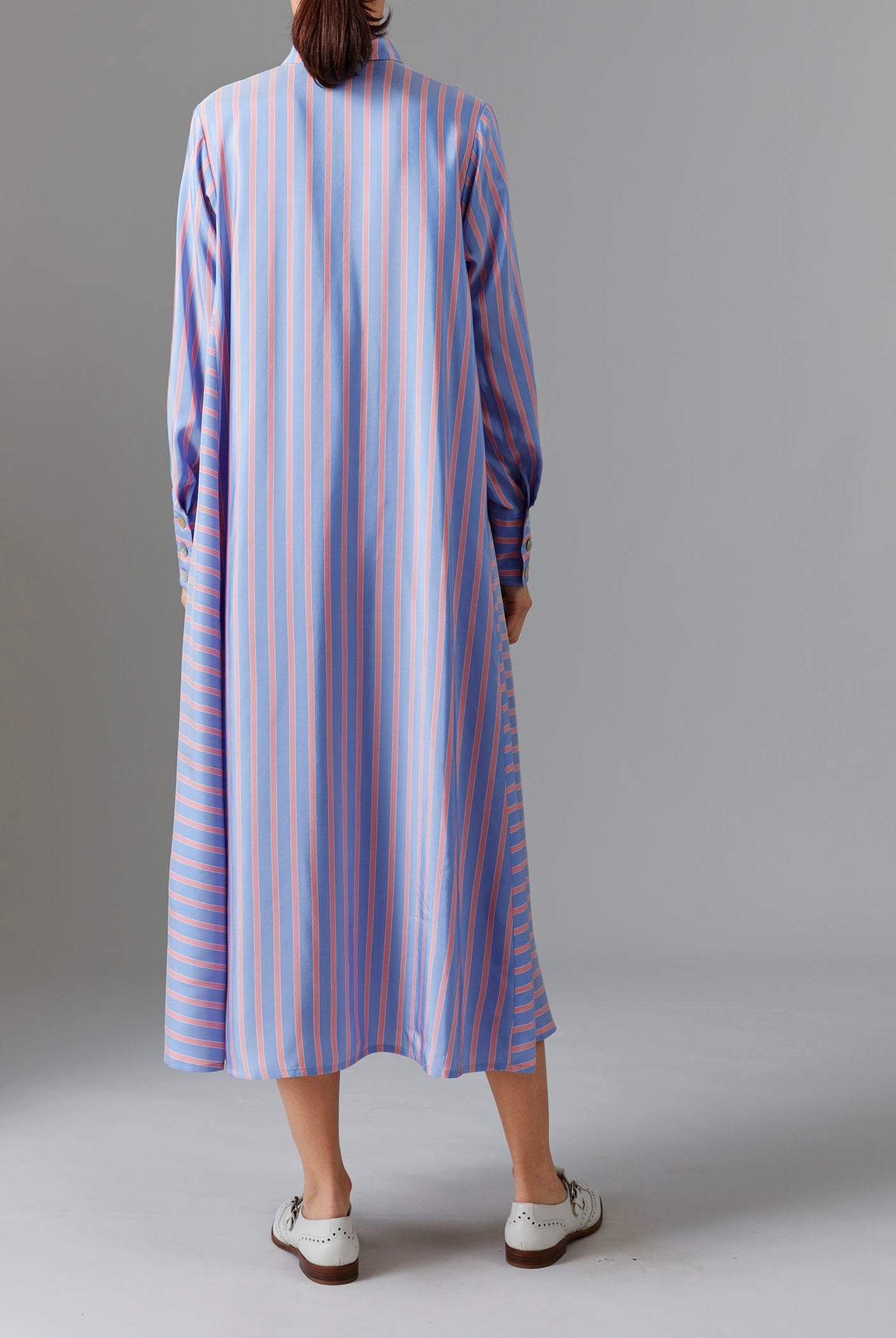 Back view of Alceste Dress - Heaven Blue/Pink Silk Road Stripes by Thierry Colson
