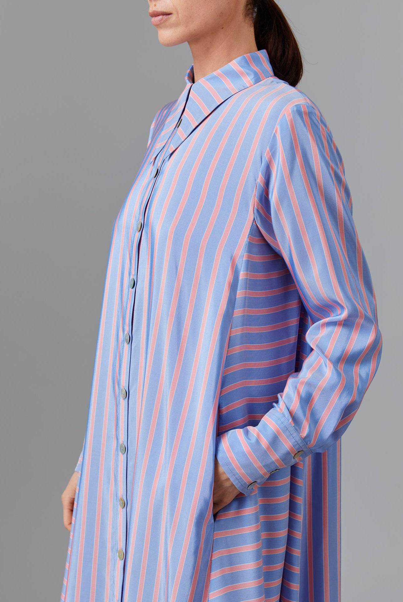 Close view of Alceste Dress - Heaven Blue/Pink Silk Road Stripes by Thierry Colson