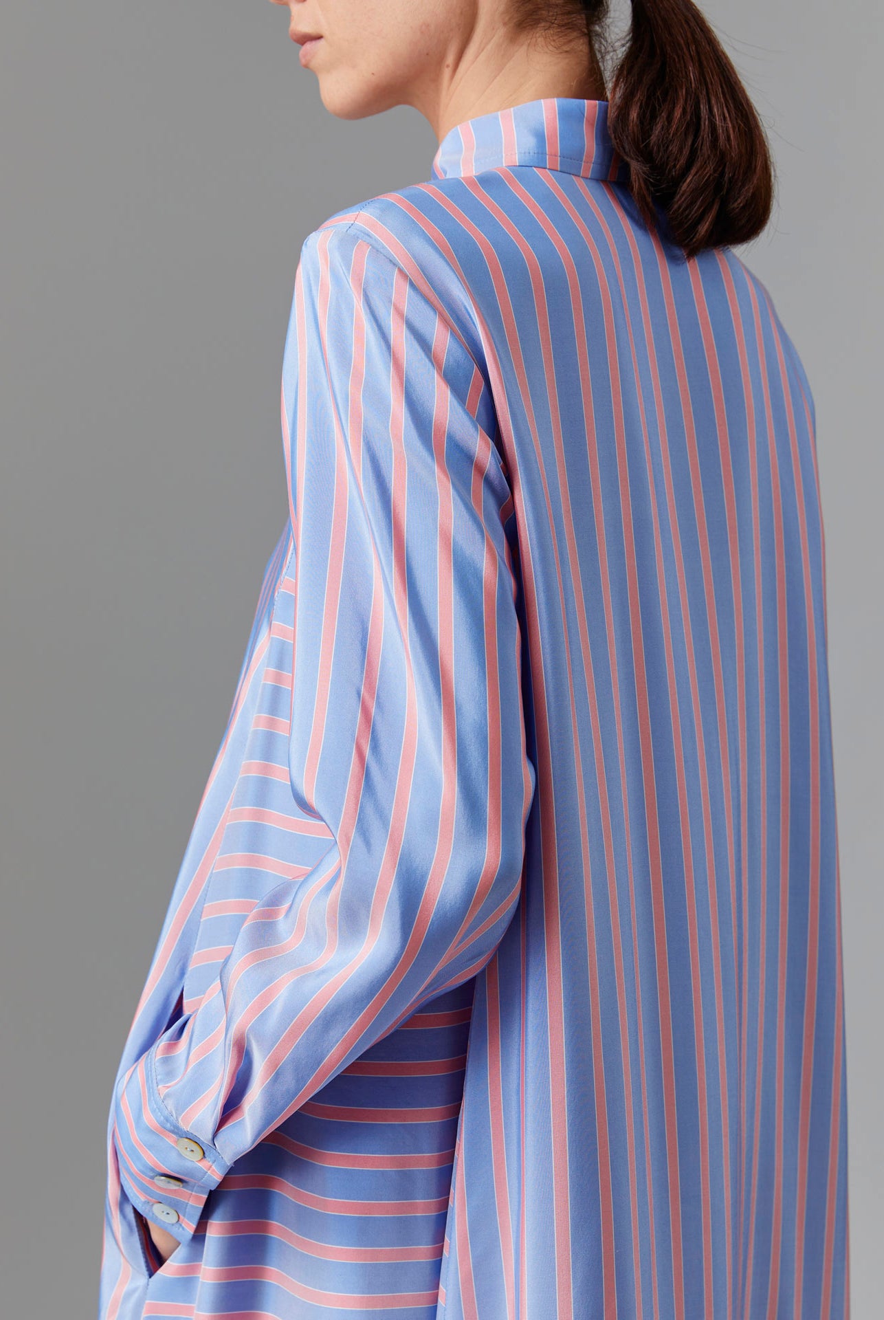 Back detail of Alceste Dress - Heaven Blue/Pink Silk Road Stripes by Thierry Colson