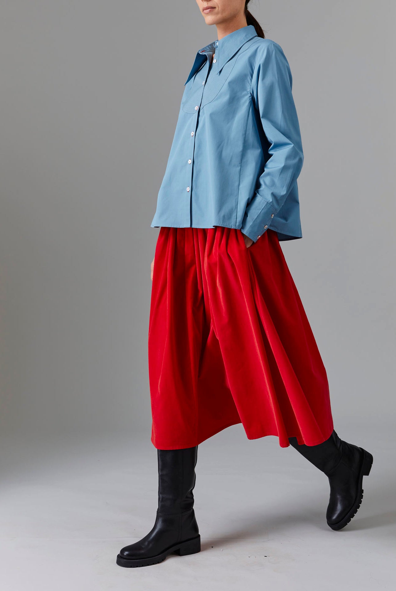 Alcide Ice Blue Shirt - Topstitching Poplin & Zazou Red Skirt by Thierry Colson
