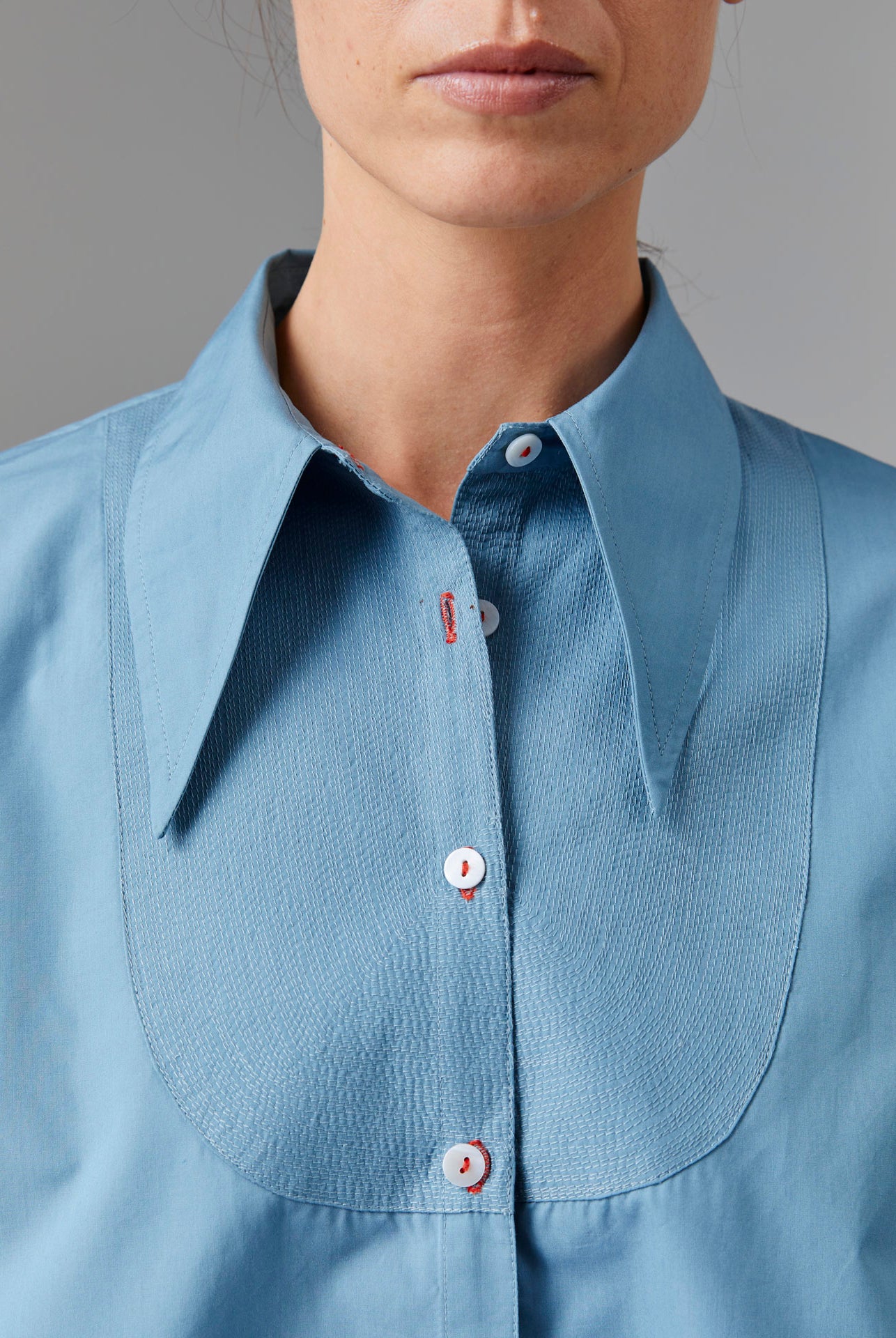 Close up of Alcide Ice Blue Shirt - Topstitching Poplin by Thierry Colson