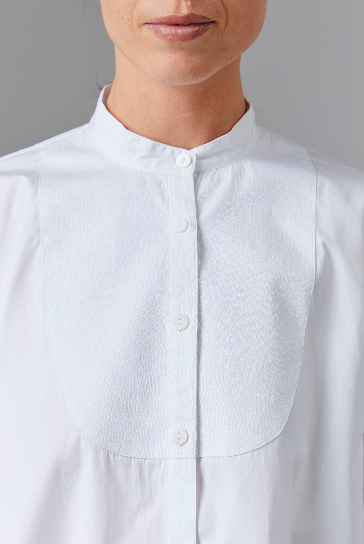 Close up of Ali Shirt - Off White Poplin Topstitching by Thierry Colson