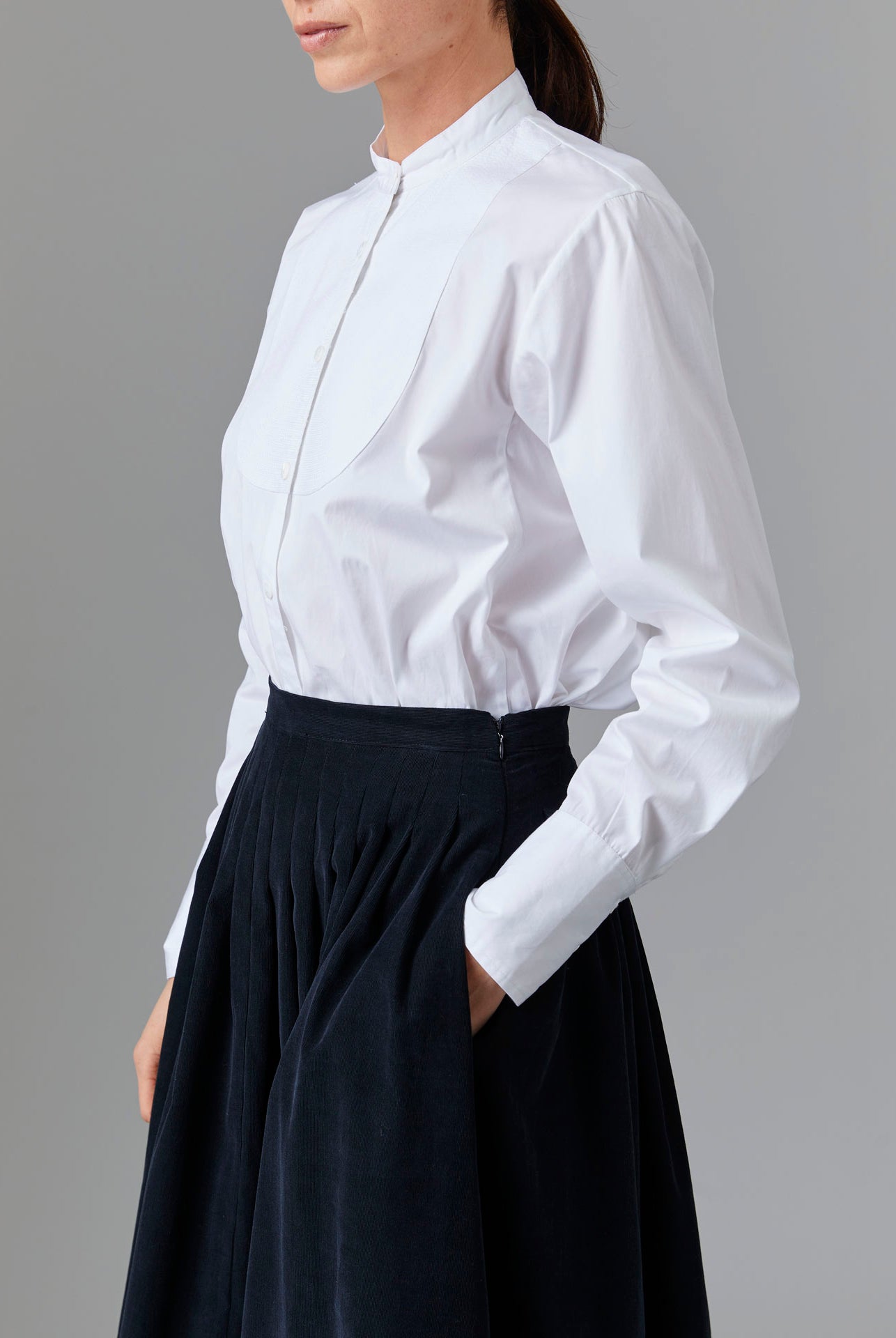 Ali Shirt - Off White Poplin Topstitching with Zazou Skirt by Thierry Colson