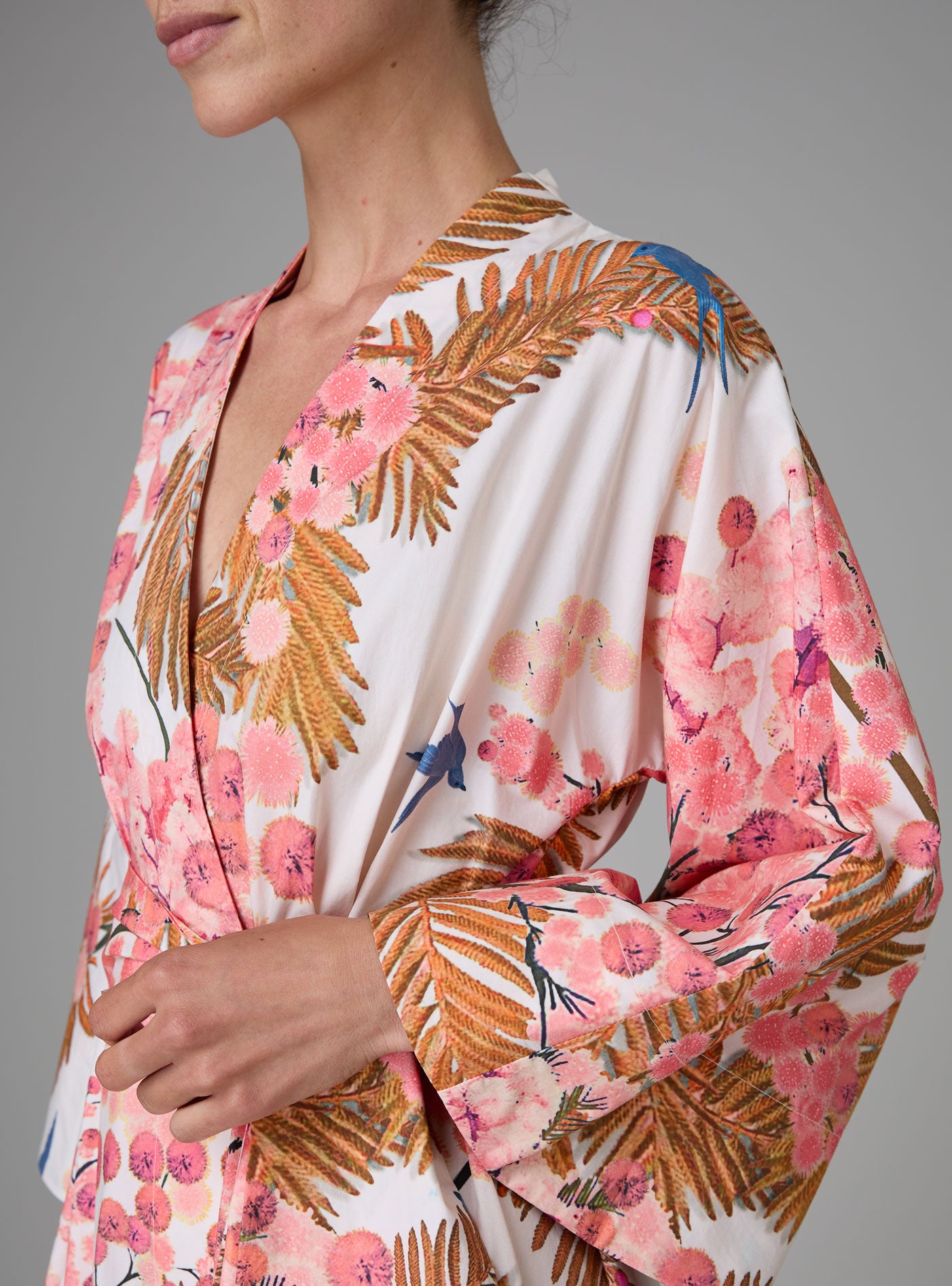 Detail of Almudena kaftan kimono dress in Garden of Eden print by Thierry Colson for Pre Spring 25