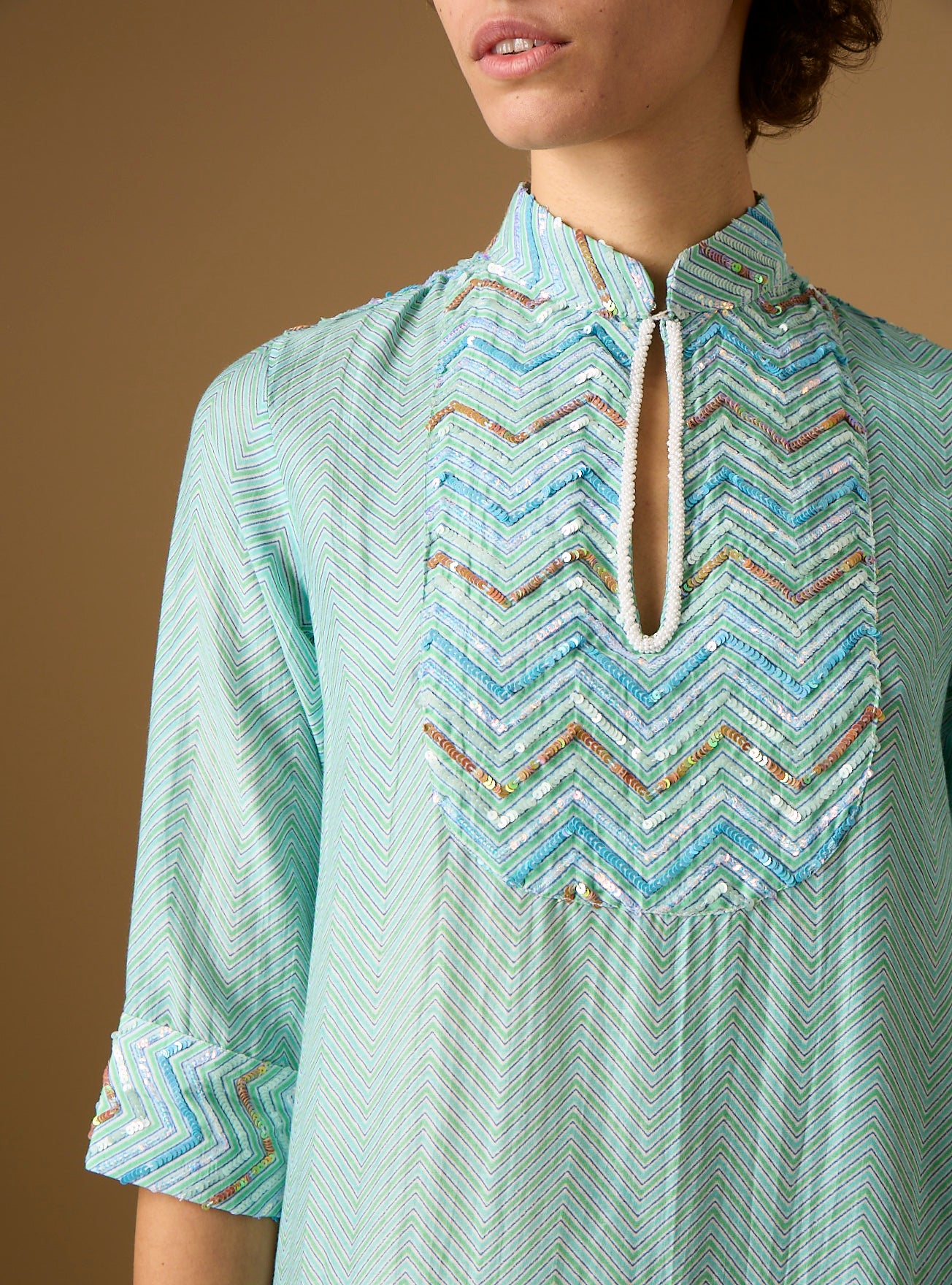Detail of Angelica Glitter Zig-zag Embroidery Mint Stand-Up Collar Long Dress by Thierry Colson