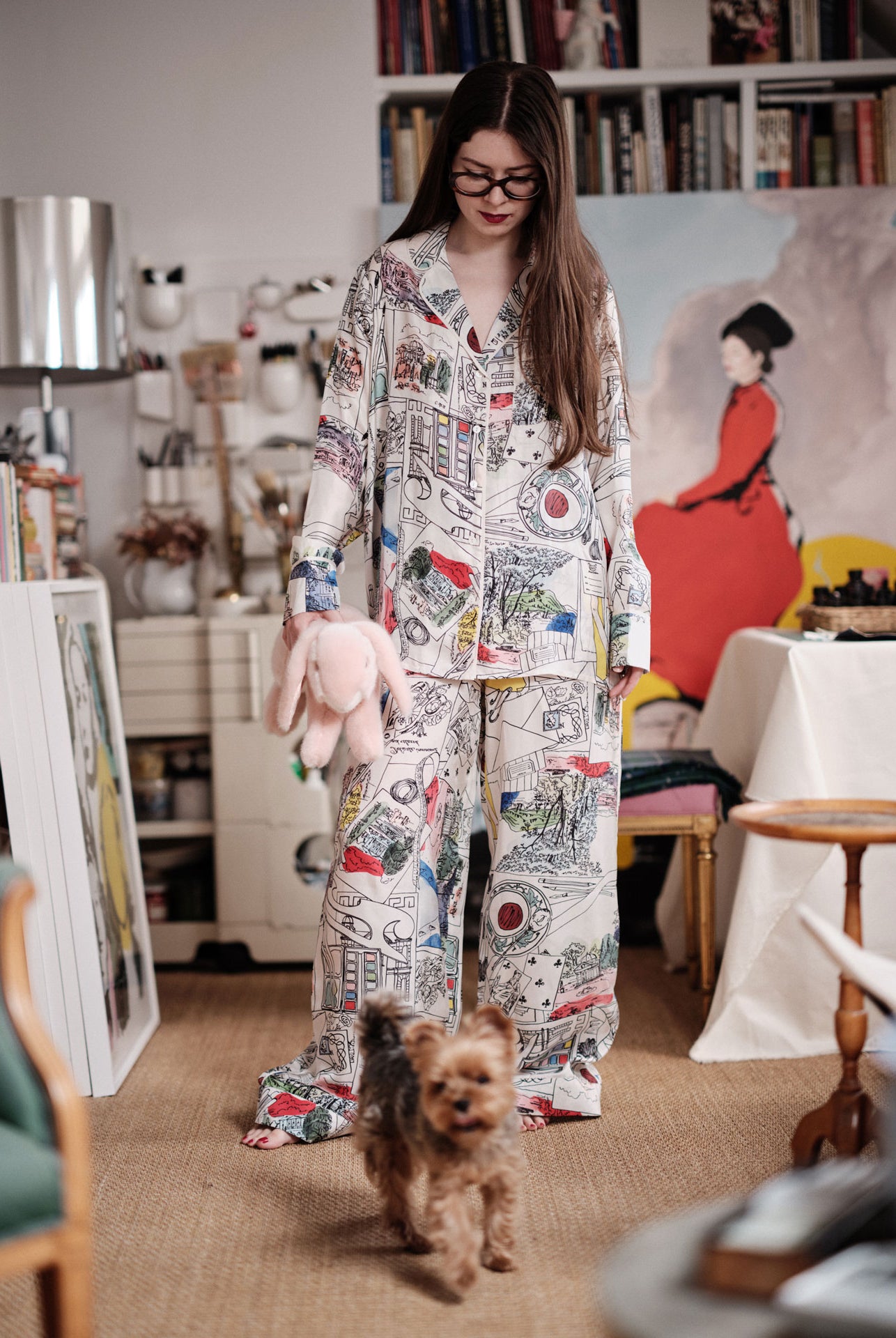 Sacha photographed in her studio wearing ALBERTINE Pyjama by Thierry Colson - Scarf pattern by Floch Poliakoff by Stéphane Gautronneau