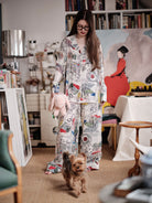 Sacha  photographed in her studio wearing ALBERTINE Pyjama by Thierry Colson - Scarf pattern by Floch Poliakoff by Stéphane Gautronneau