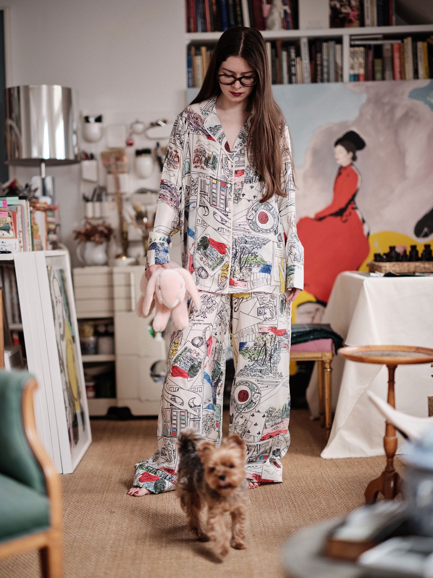  Sacha  photographed in her studio wearing ALBERTINE Pyjama by Thierry Colson - Scarf pattern by Floch Poliakoff by Stéphane Gautronneau