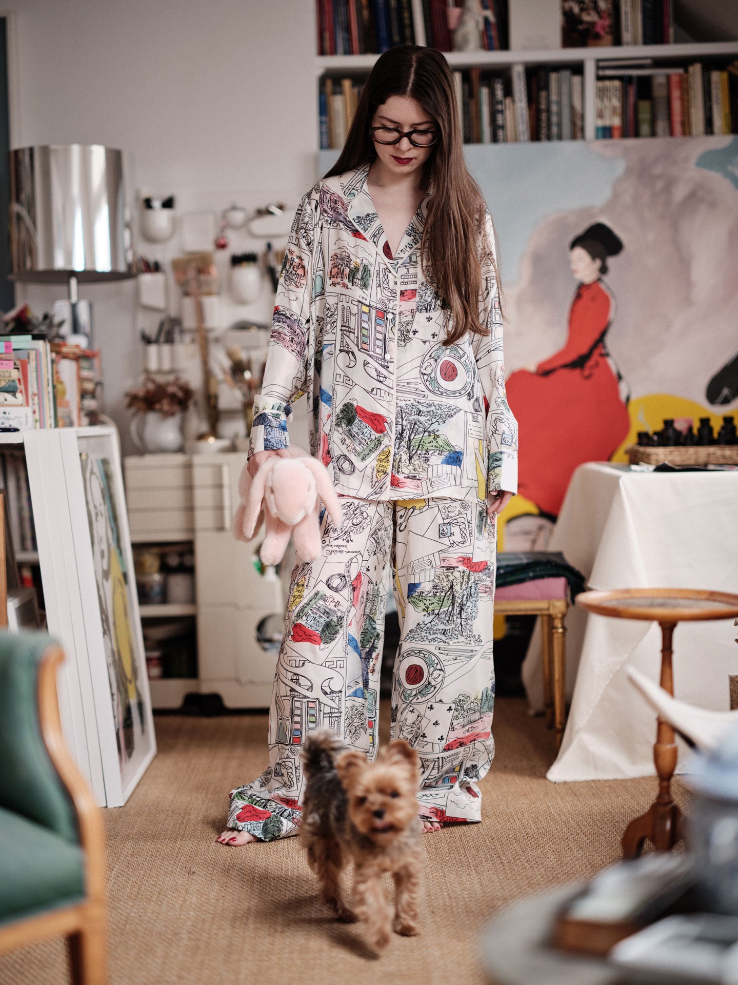 Sacha  photographed in her studio wearing ALBERTINE Pyjama by Thierry Colson - Scarf pattern by Floch Poliakoff by Stéphane Gautronneau