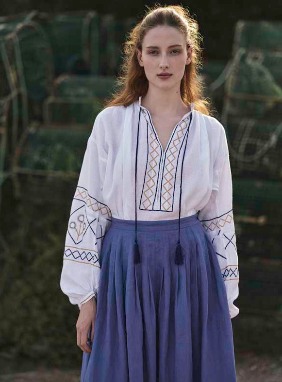 Lavender Zazou Skirt with White Guise Blouse: Archaic Embroidery by Thierry Colson - lookbook Spring Summer 2024 - photo by S. Gautronneau