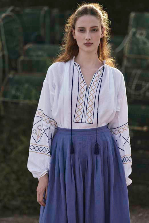 Lavender Zazou Skirt with White Guise Blouse: Archaic Embroidery by Thierry Colson - lookbook Spring Summer 2024 - photo by S. Gautronneau