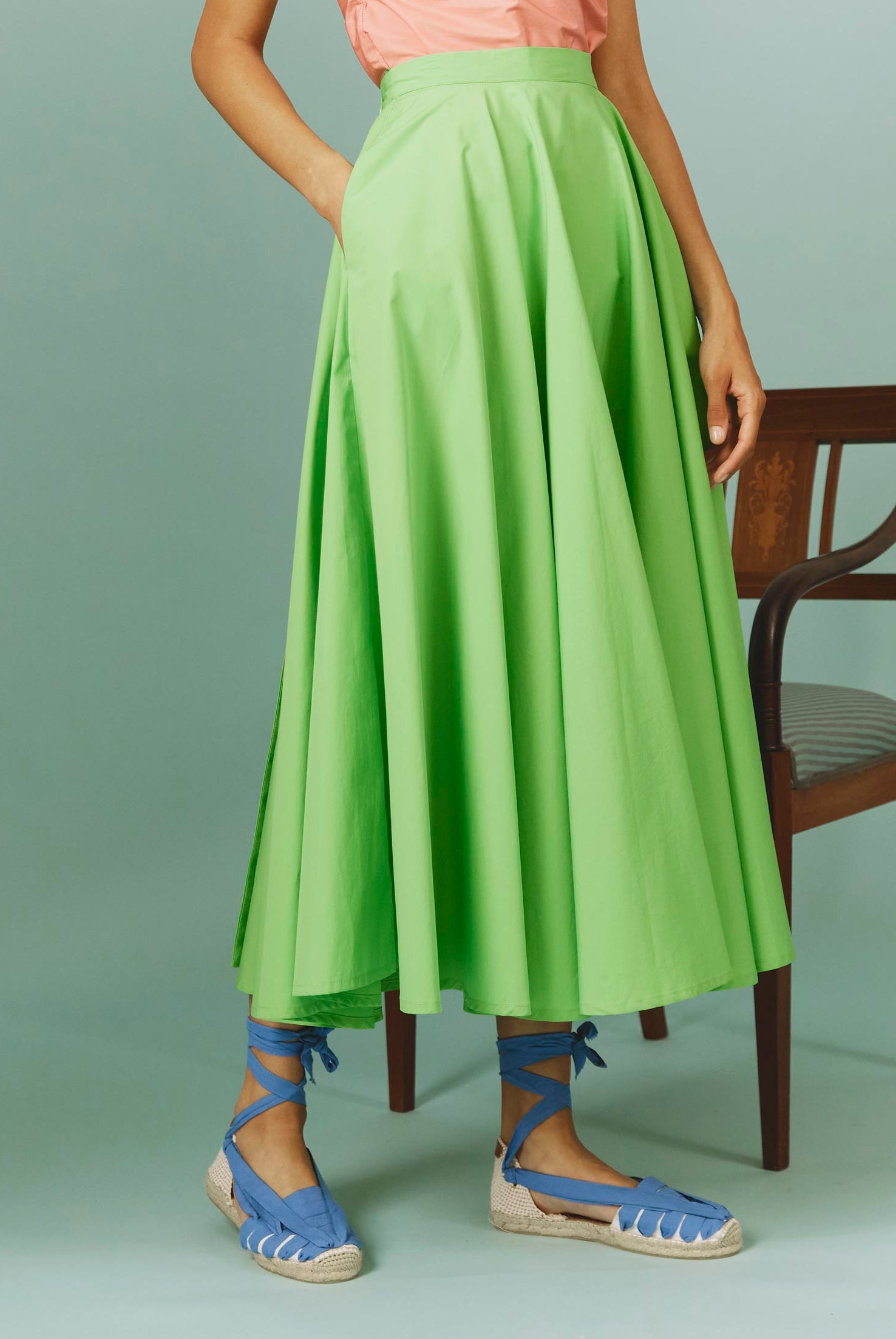 Close-up of Audrey Skirt: Matisse Plain Poplin in Green by Thierry Colson