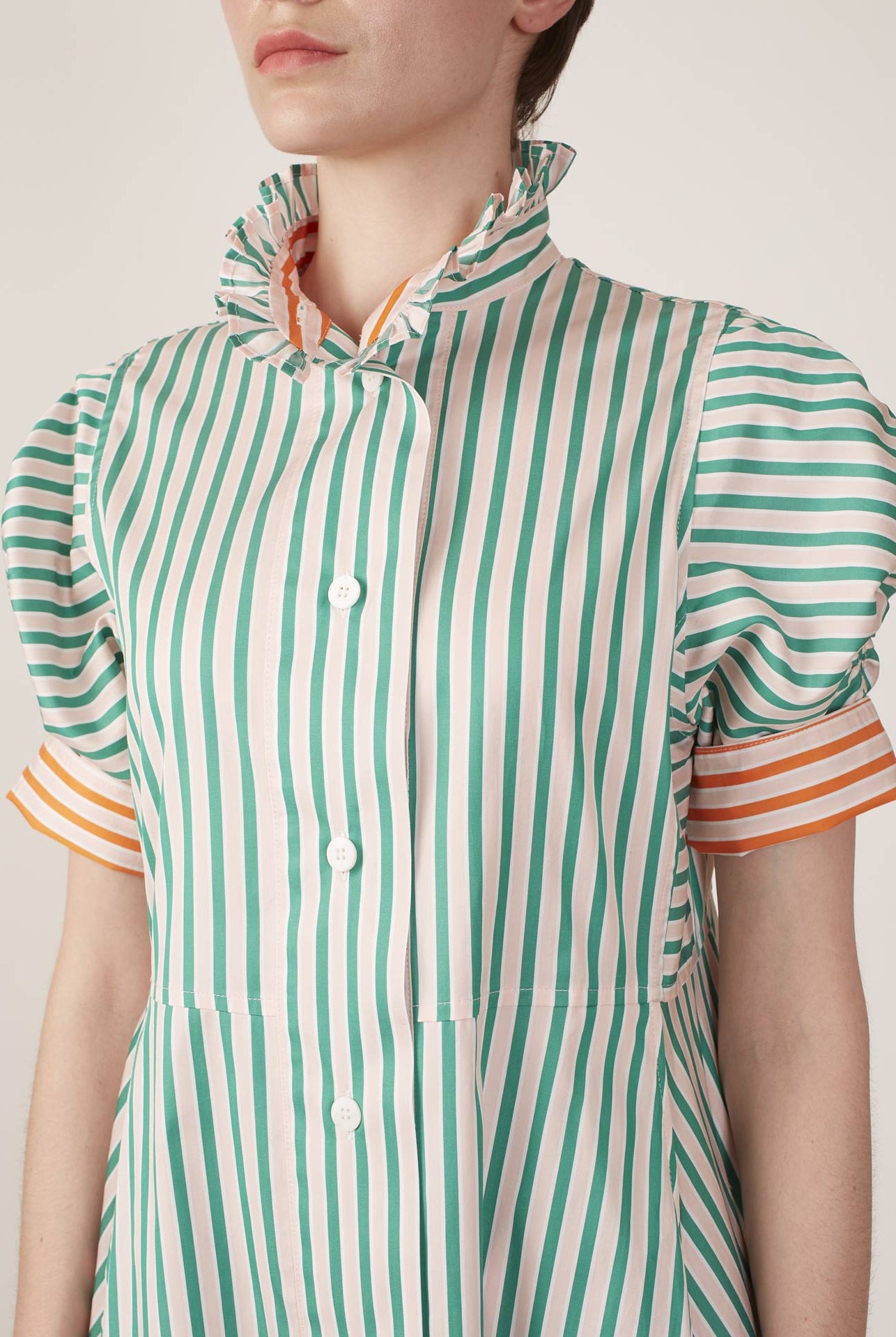 Collar detail of Venetia Mayfair Green/Salmon/White Dress by Thierry Colson, the perfect dress for summer