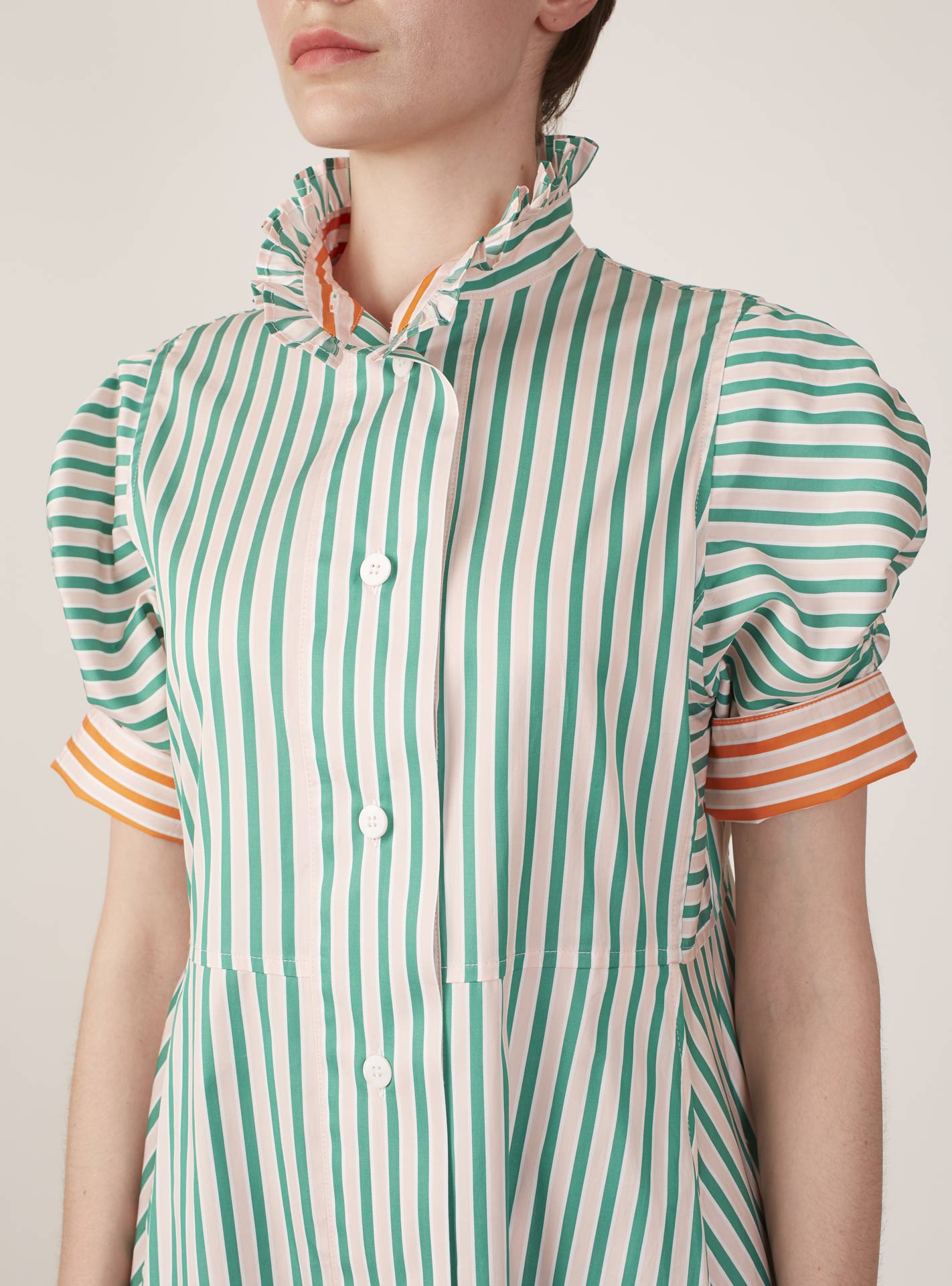 Collar detail of Venetia Mayfair Green/Salmon/White Dress by Thierry Colson, the perfect dress for summer