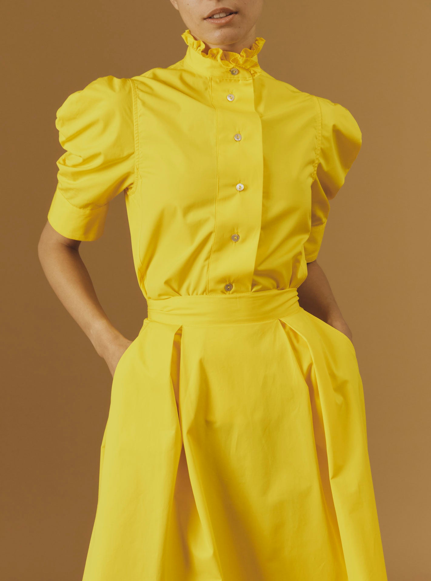 Front view of Vita yellow blouse plain poplin by Thierry Colson