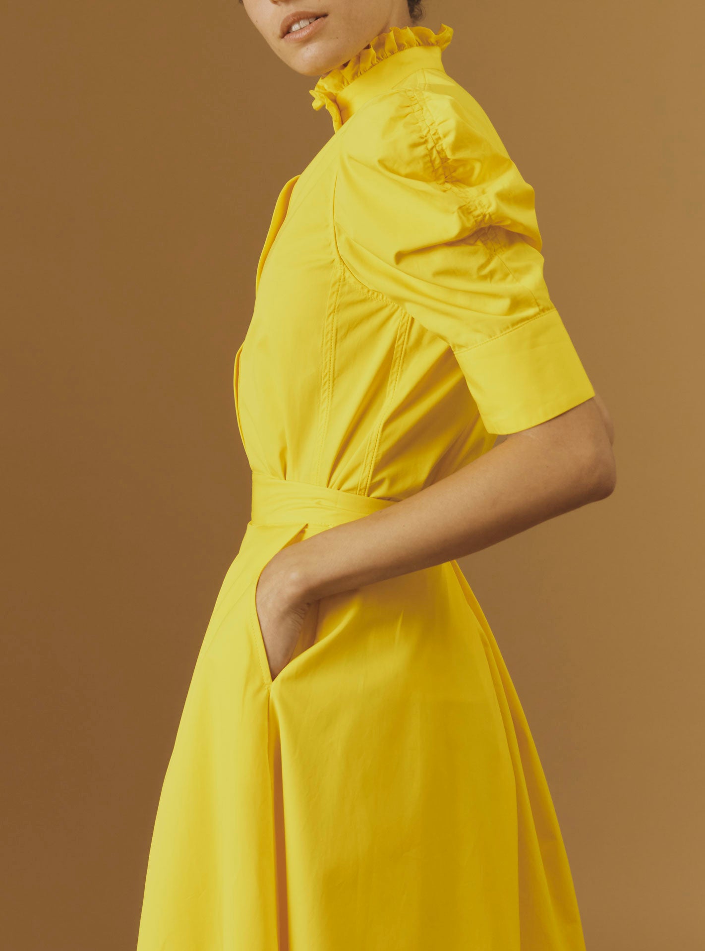 Side view of Vita yellow blouse plain poplin by Thierry Colson