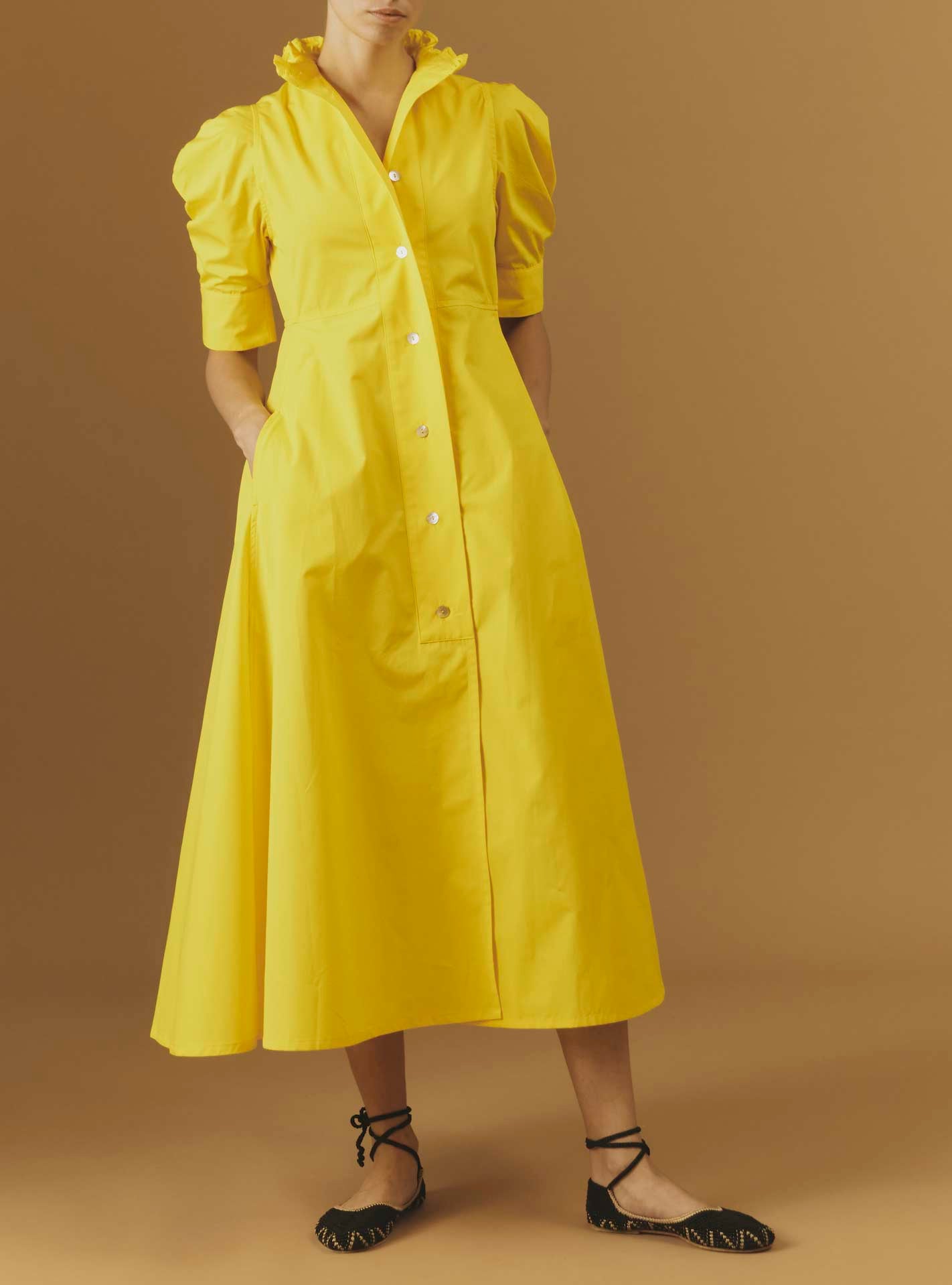 Front view of Venetia luxury cotton Yellow dress by Thierry Colson
