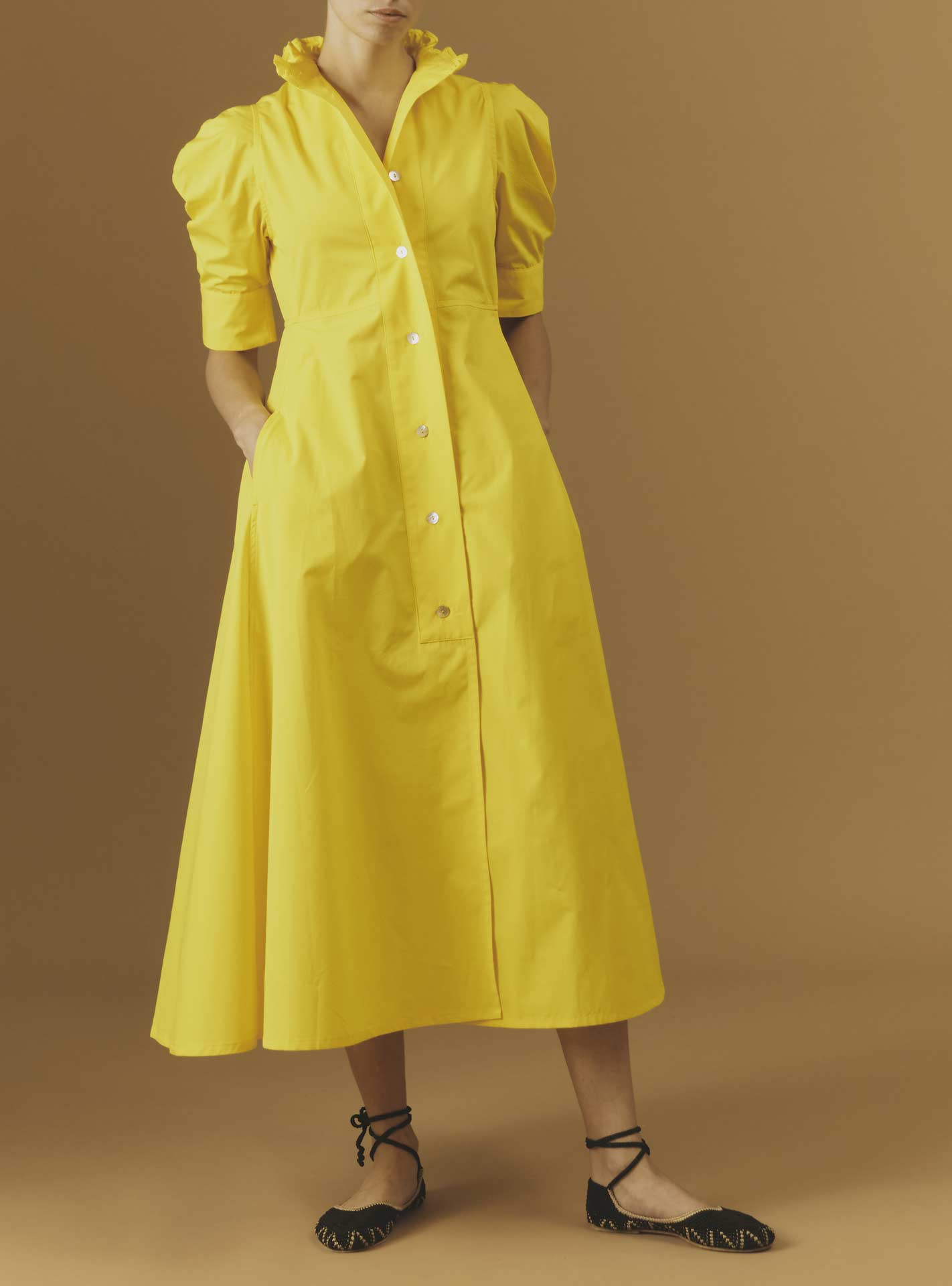 Front view of Venetia luxury cotton Yellow dress by Thierry Colson