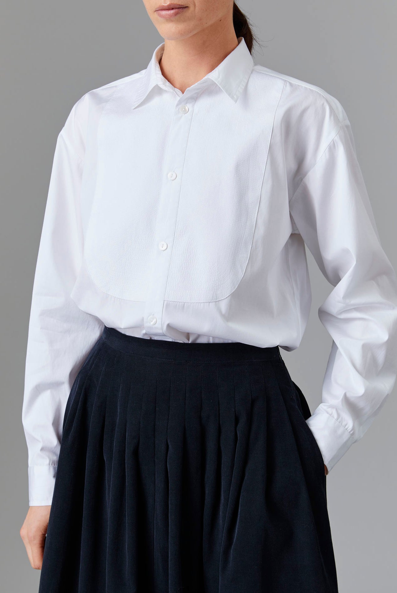 Front view of Barth Men Shirt - Off White Poplin Topstitching with Zazou skirt by Thierry Colson