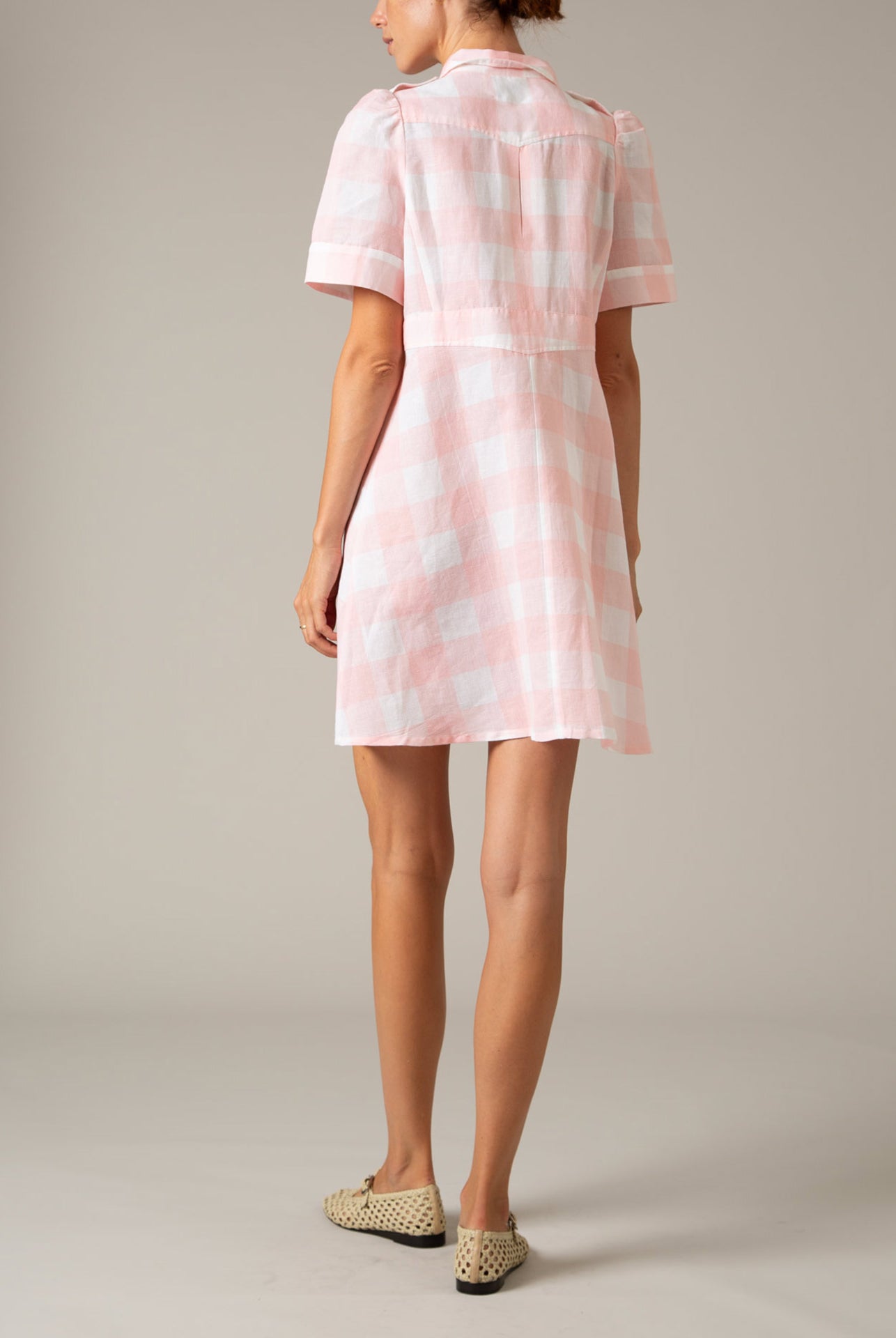 Back view of Boa Mini Dress in Pink Vichy by Thierry Colson – Linen Summer Dress