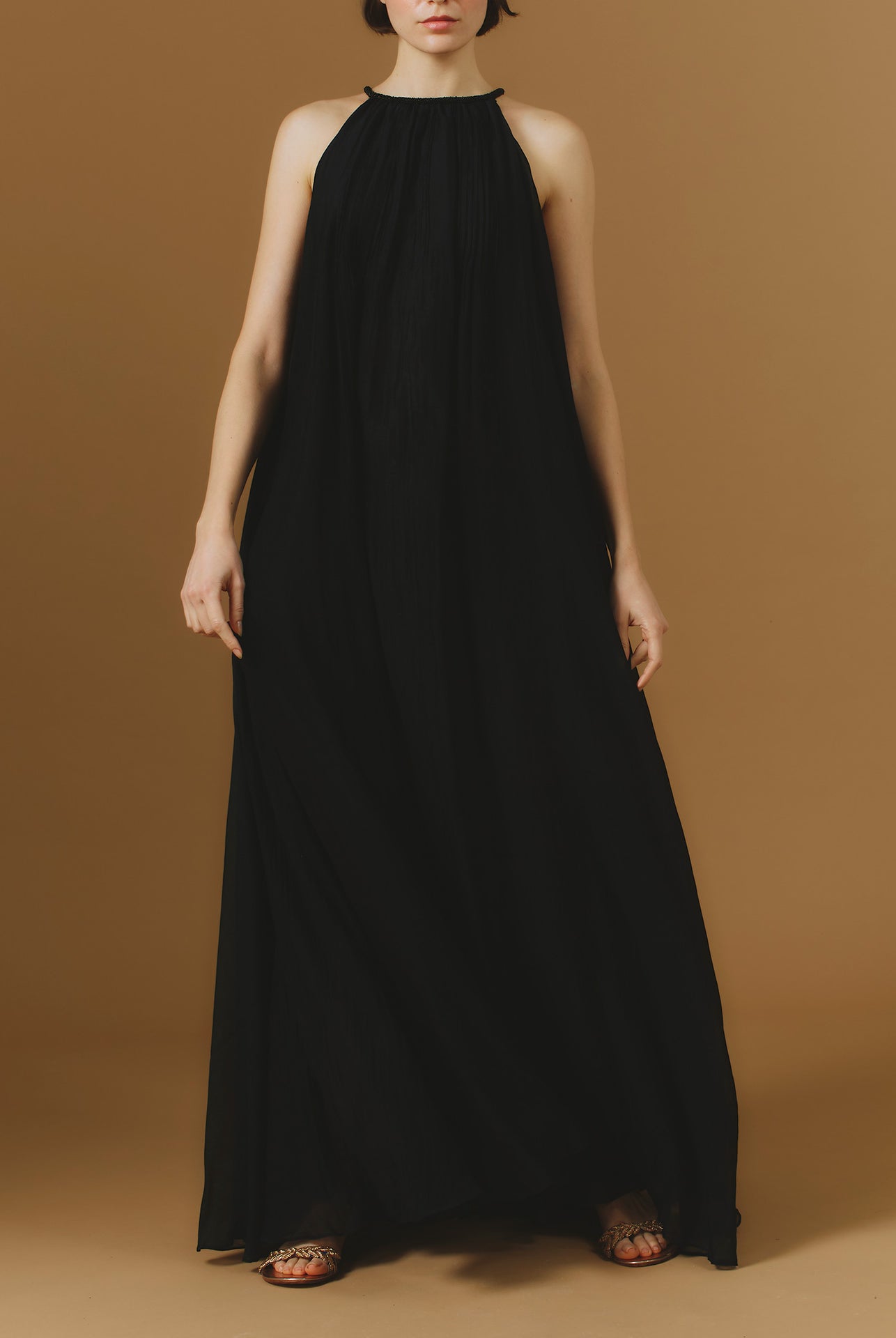 Front view of Zenith Chanderi Appliqué Black Long Dress by Thierry Colson