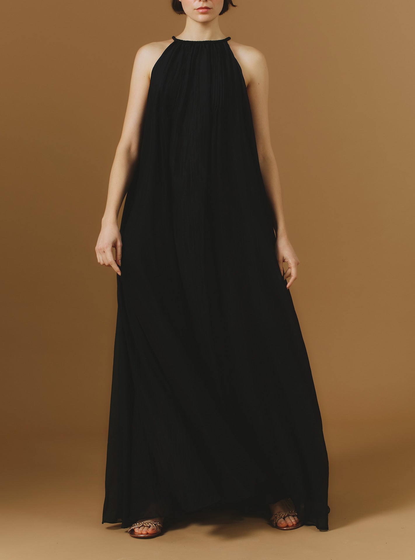 Front view of Zenith Chanderi Appliqué Black Long Dress by Thierry Colson