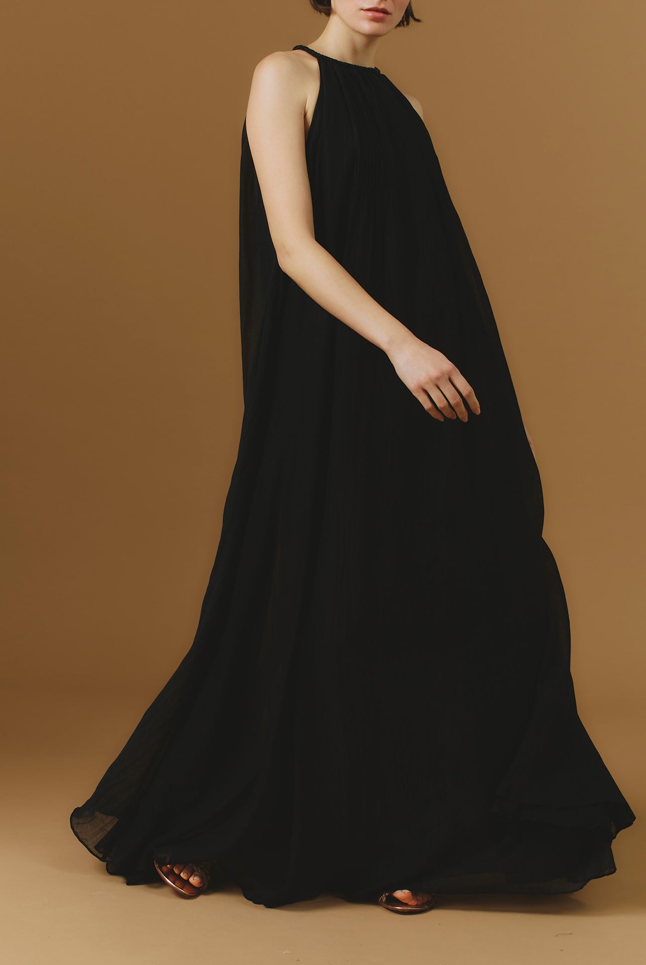 Zenith Chanderi Appliqué Black Long Dress by Thierry Colson