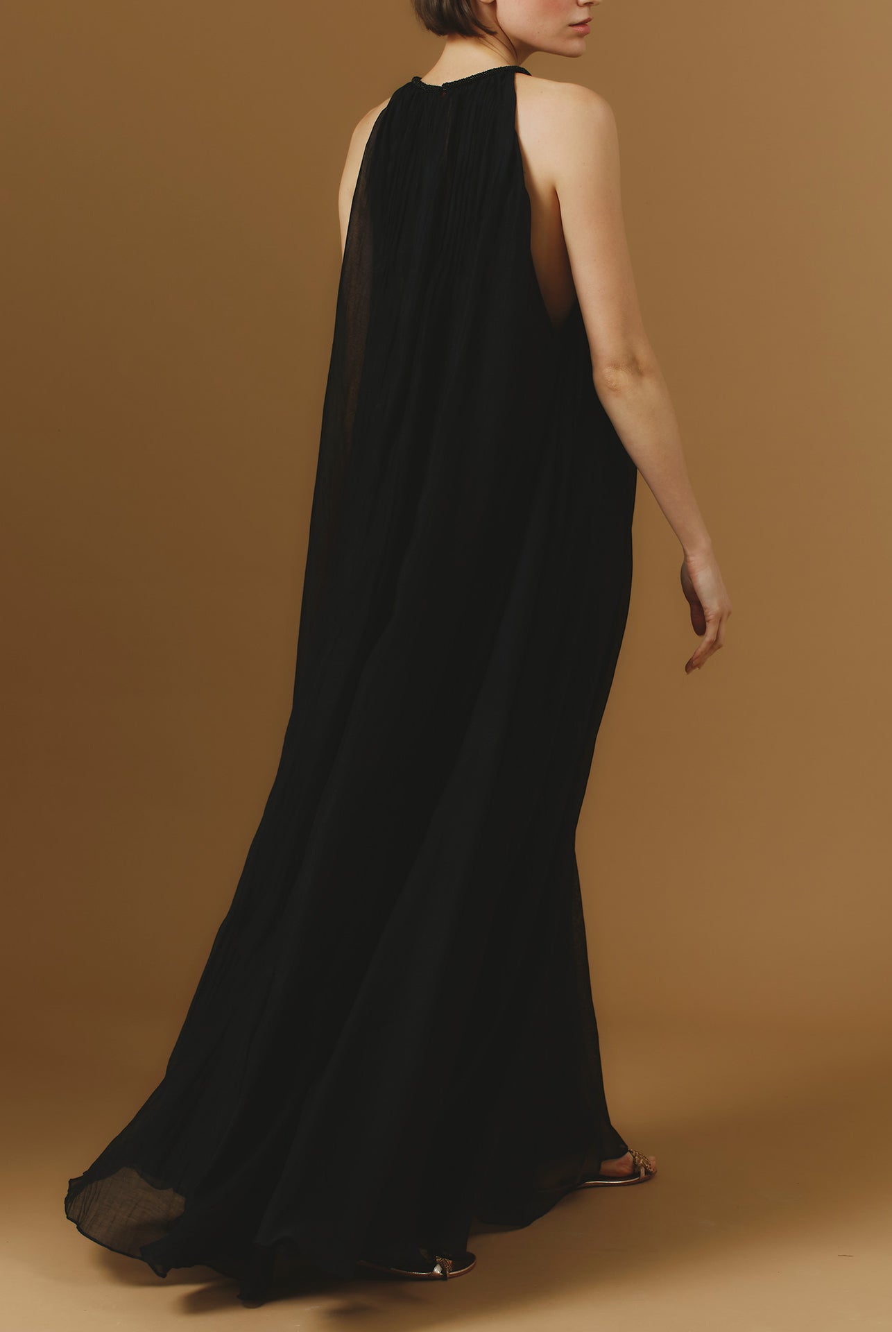 Back view of Zenith Chanderi Appliqué Black Long Dress by Thierry Colson