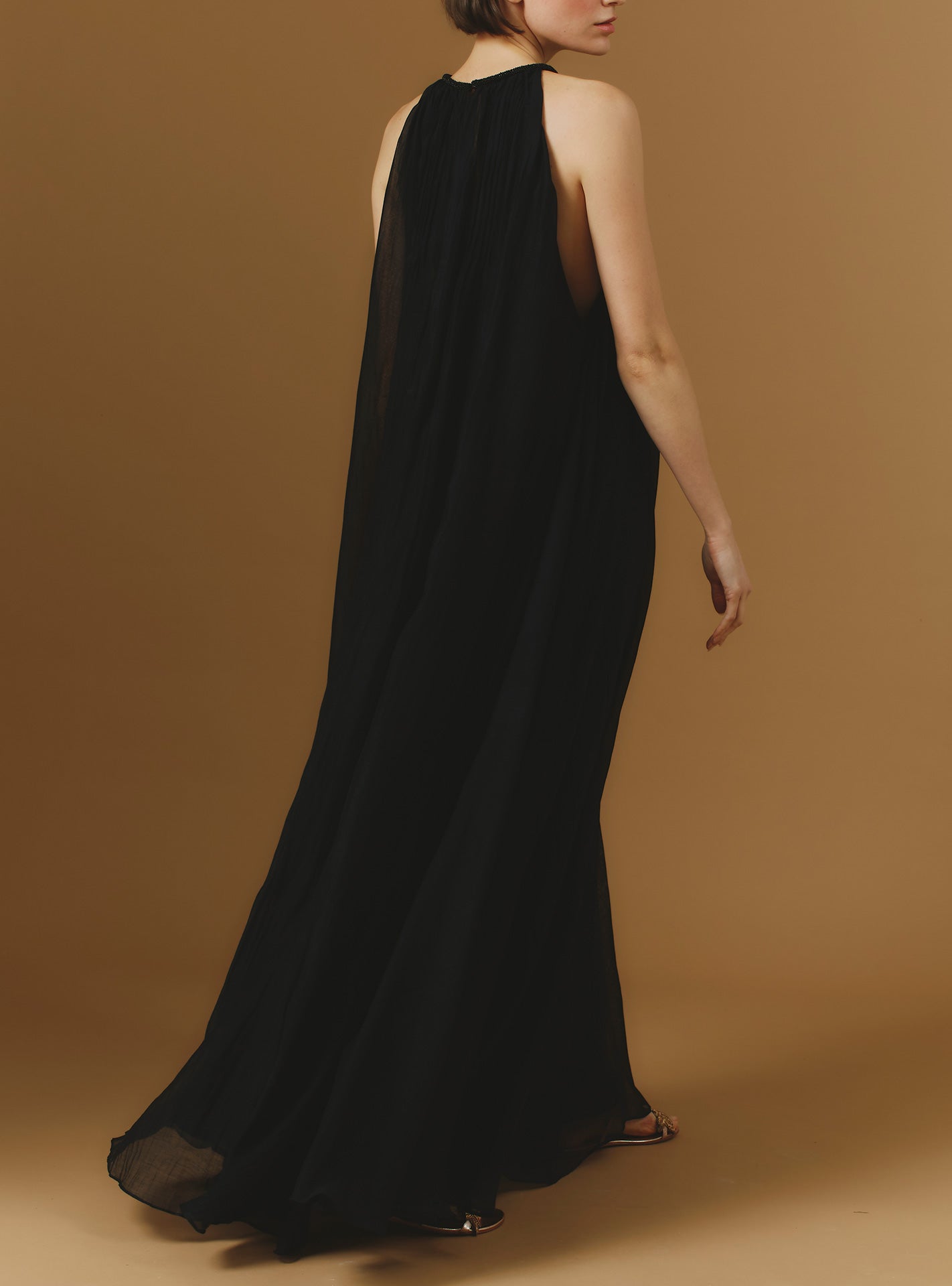 Back view of Zenith Chanderi Appliqué Black Long Dress by Thierry Colson