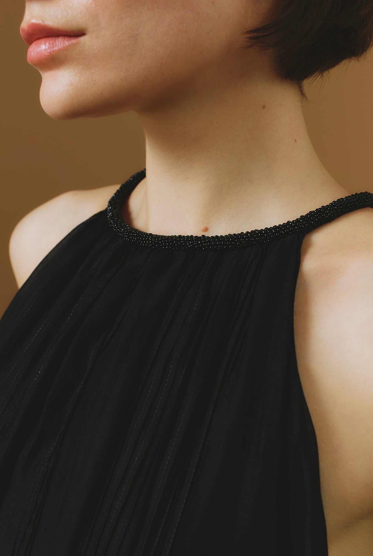 Collar detail of Zenith Chanderi Appliqué Black Long Dress by Thierry Colson