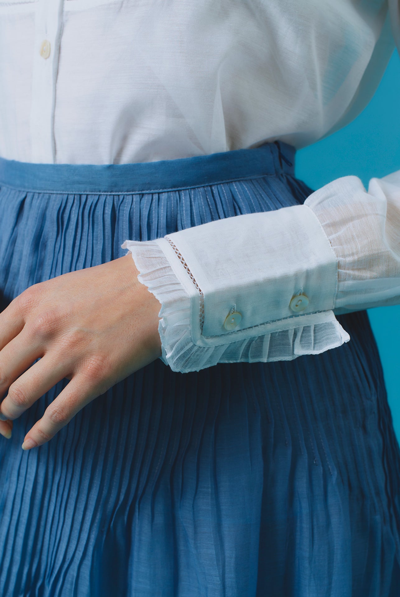 Sleeve detail of Zaurak Chanderi Appliqué White Shirt Thierry Colson