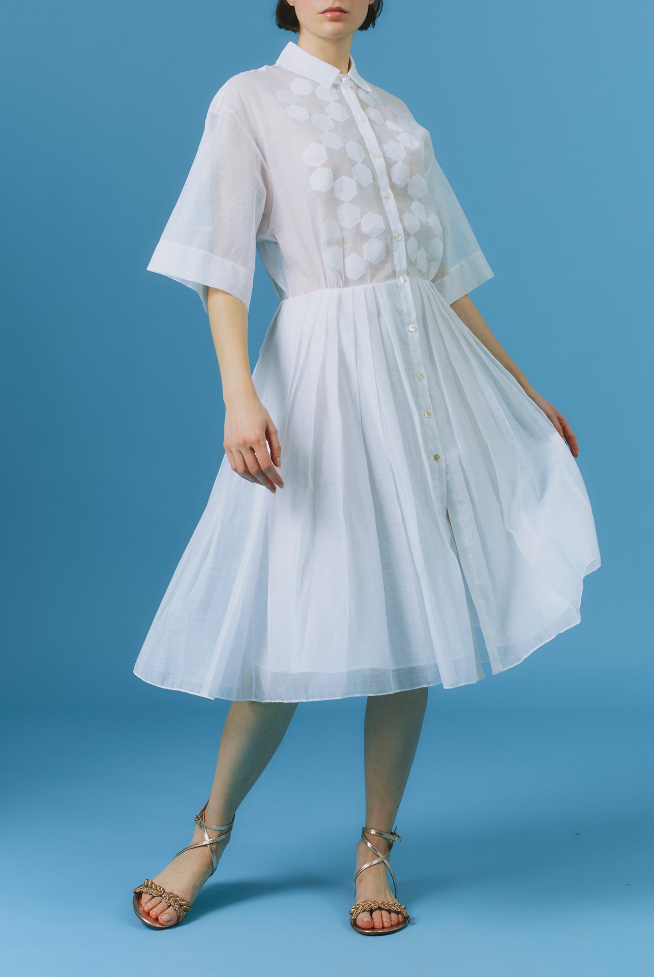 Front view of Oriane White knee dress by Thierry Colson