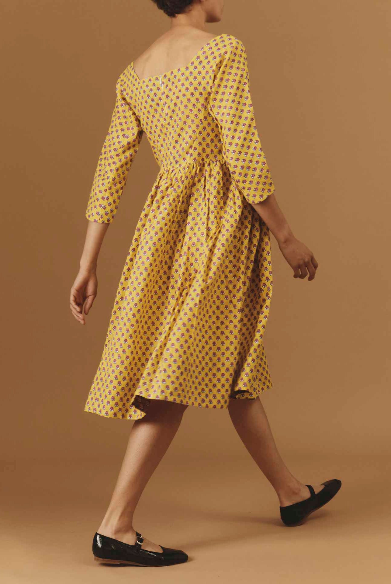 Yellow magenta dress Amalia - Thierry Colson - Pre Spring 2024 - Provencal Mignardise theme - three-quarter length sleeve