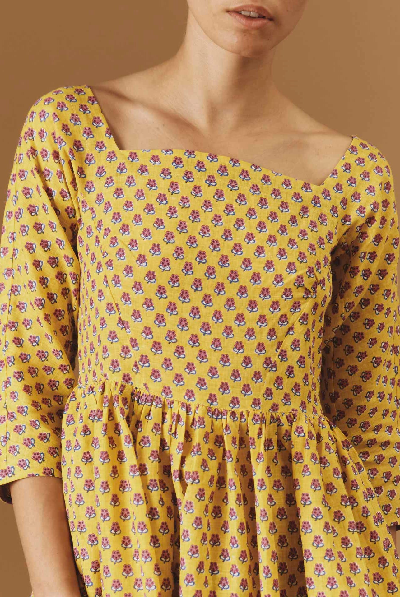 Yellow magenta dress Amalia - Thierry Colson - Pre Spring 2024 - Provencal Mignardise theme - square neckline