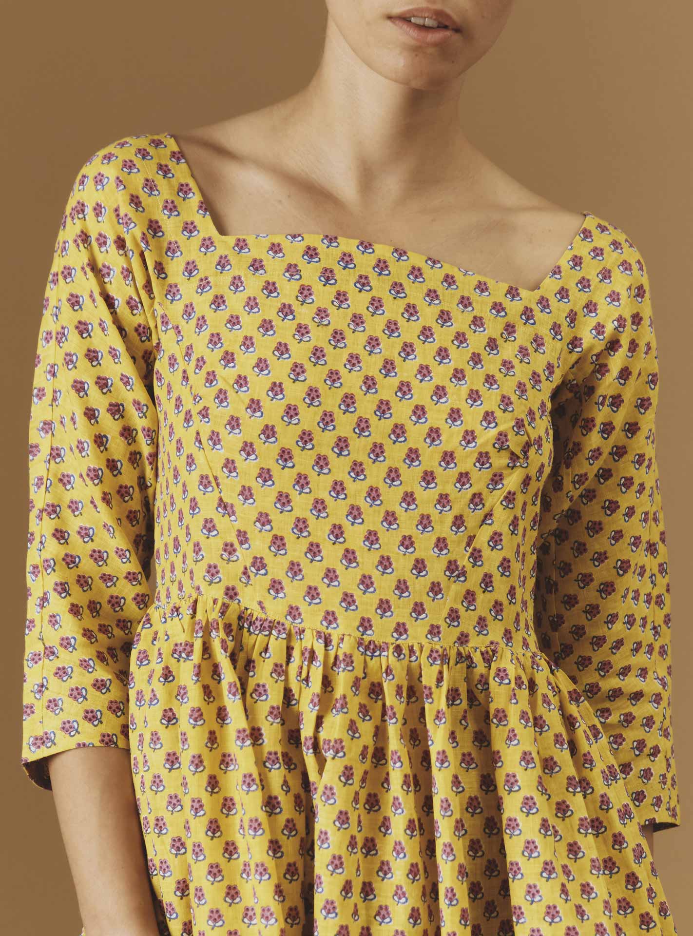 Yellow magenta dress Amalia - Thierry Colson - Pre Spring 2024 - Provencal Mignardise theme - square neckline