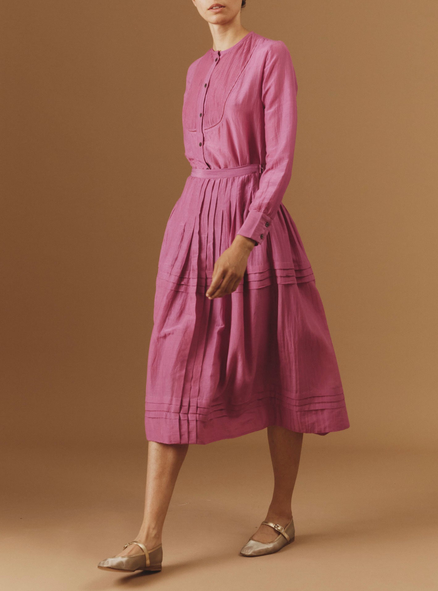 Back view of ANDREA Blouse and Zazou Skirt - Magenta Cotton/Silk by Thierry Colson