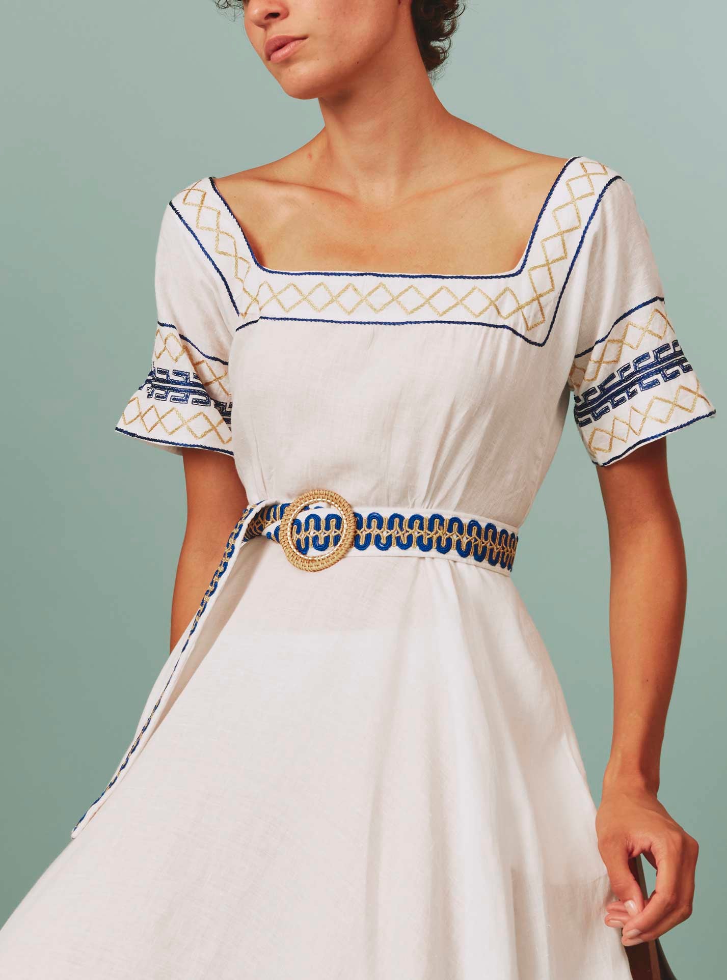 Close-up view of Allegria Dress: Archaic Embroidery in White by Thierry Colson