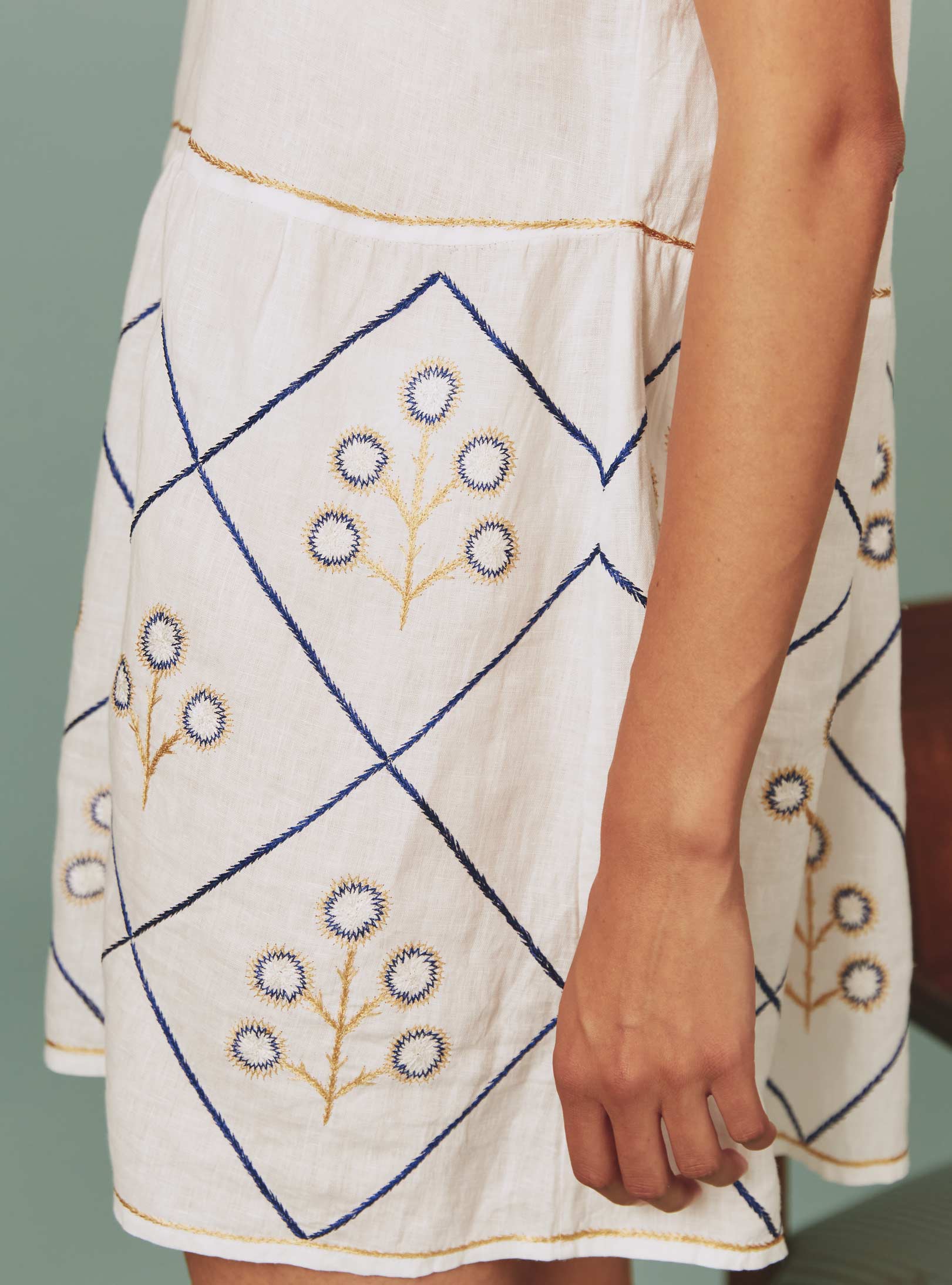 Bottom view of Allison Mini Dress: Archaic Embroidery in White by Thierry Colson